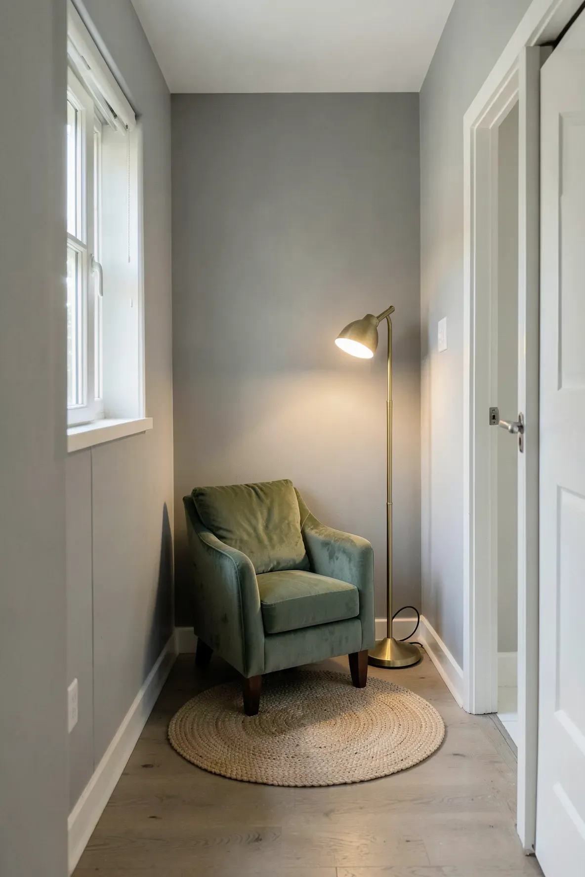 A small green armchair and lamp forming a reading nook on a narrow upstairs landing.