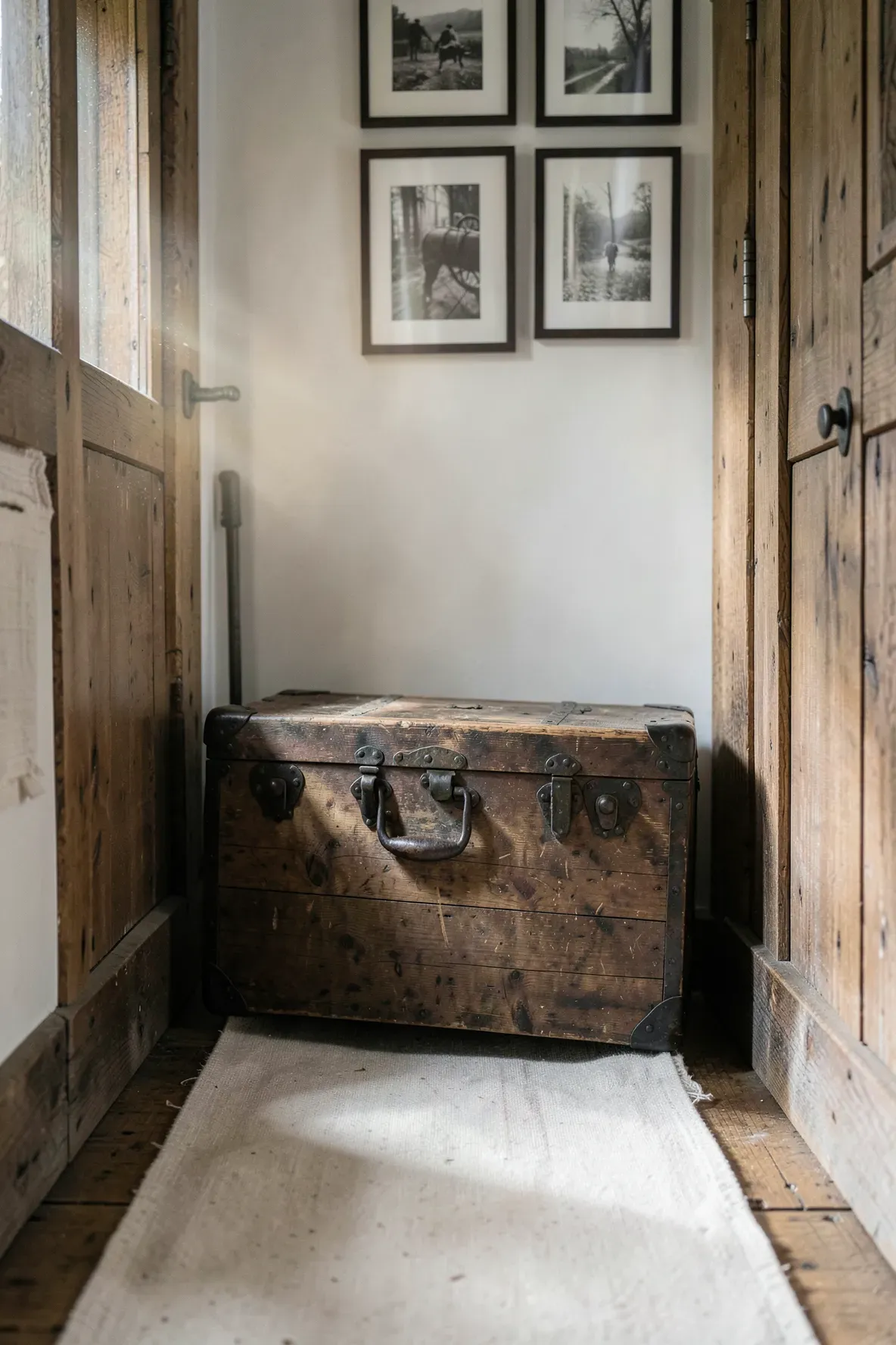 An antique wooden trunk used for storage against a wall in a narrow rustic hallway.