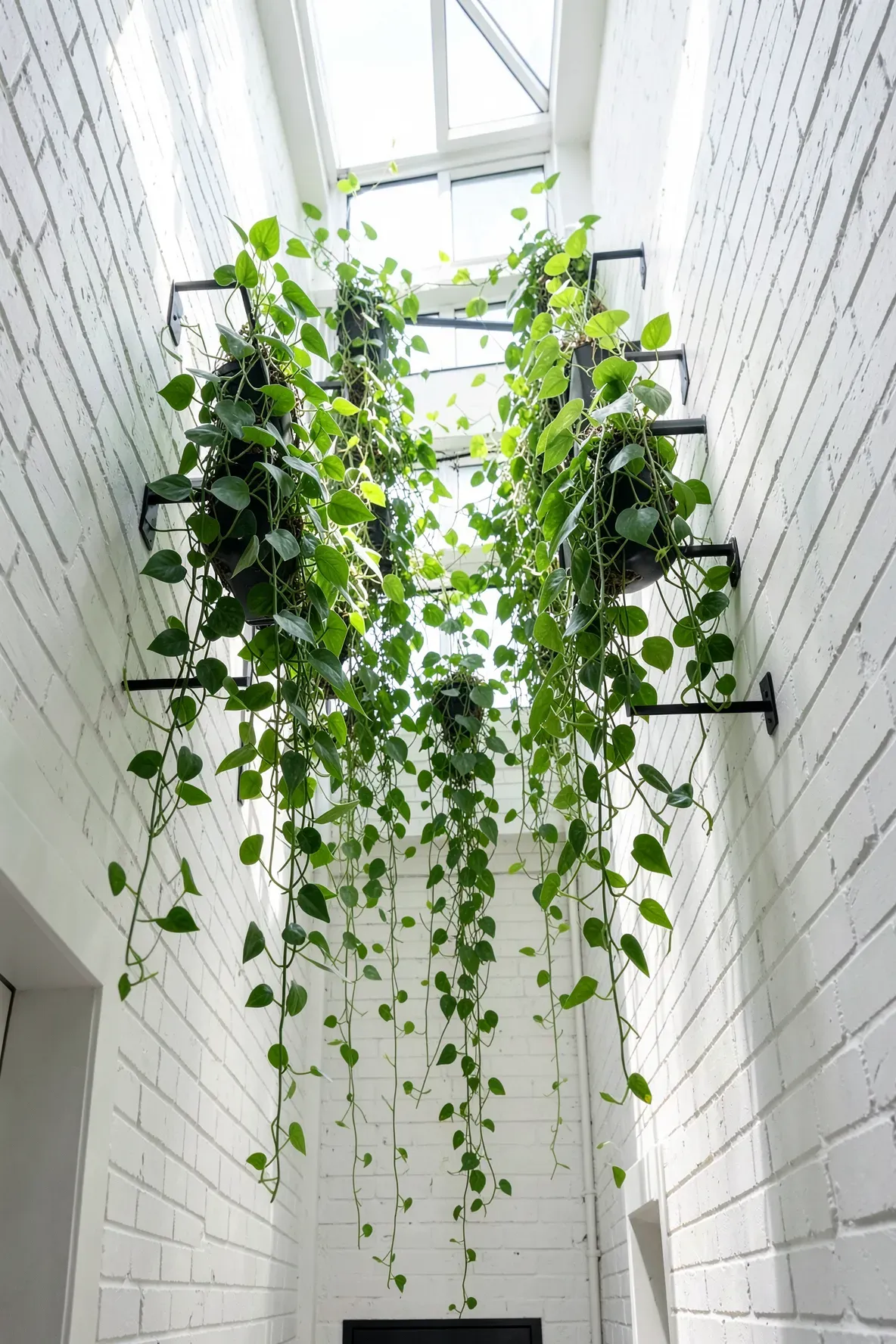Green trailing plants hanging from wall brackets in a narrow hallway with high windows.
