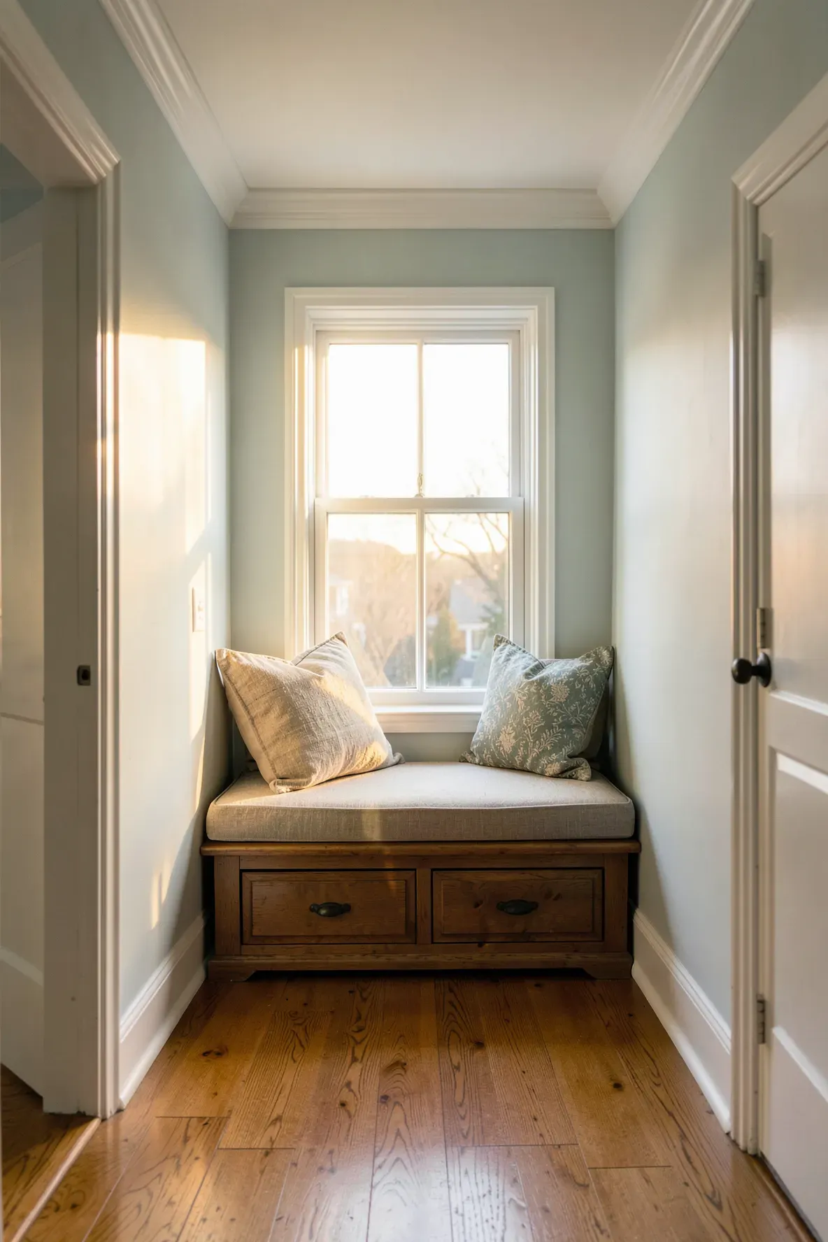 A cozy built-in window seat with blue pillows and storage drawers on a bright upstairs hallway landing.