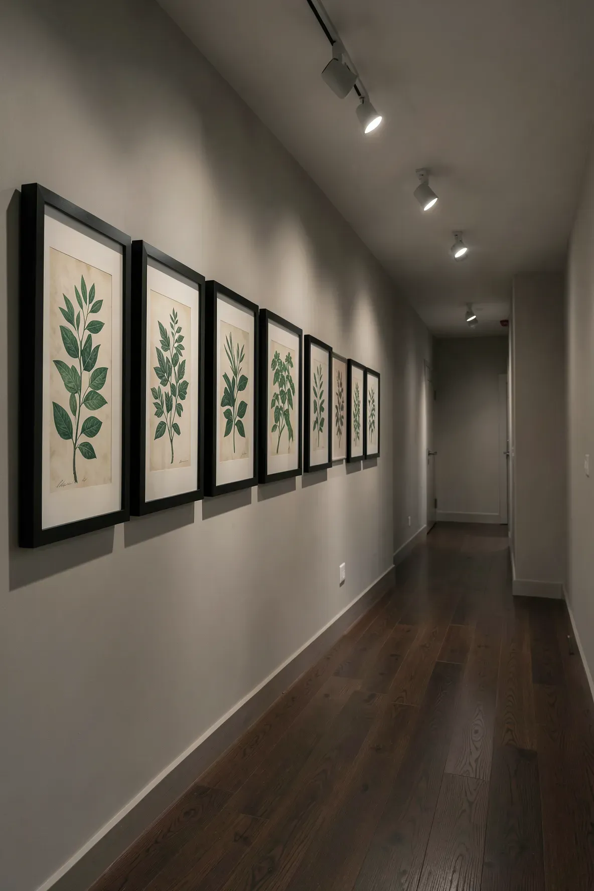 A series of identical framed botanical leaf prints hanging in a row along a long, narrow hallway wall.