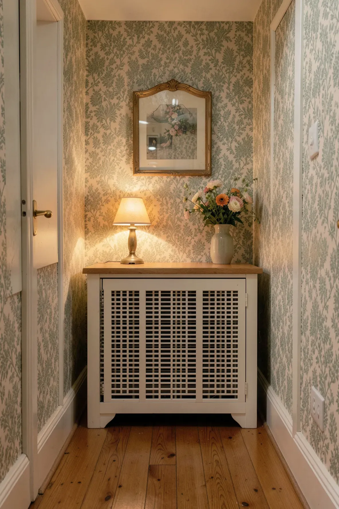 A white slatted radiator cover used as a narrow console table with a lamp and vase in a hallway.