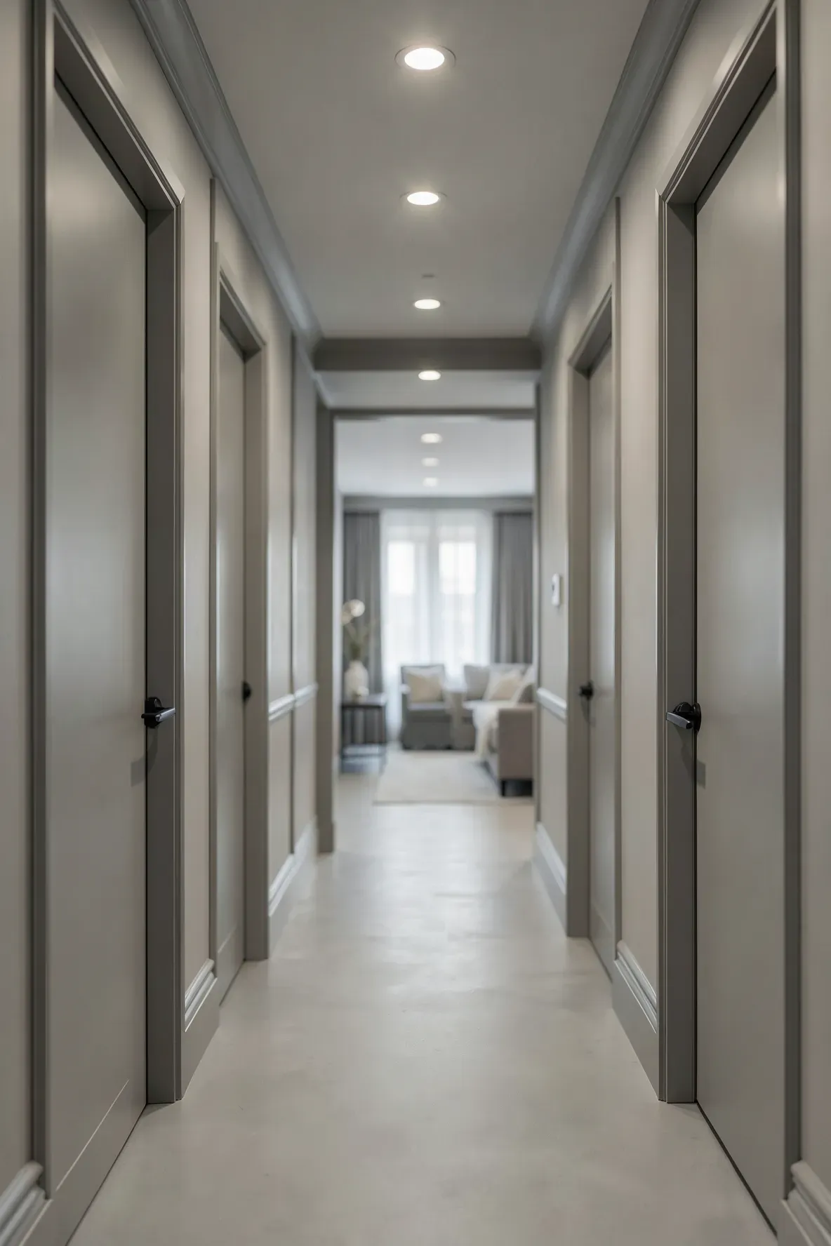 A seamless monochrome hallway with walls and doors painted in the same elegant taupe shade.