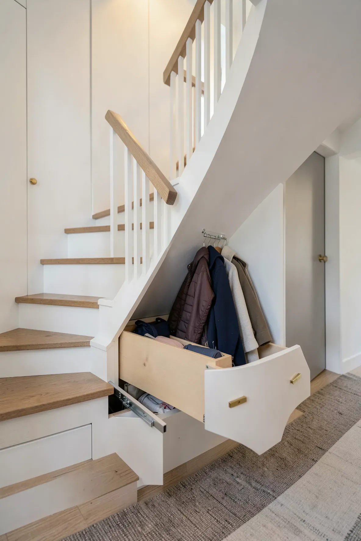 Custom pull-out storage drawers built into the space under a wooden staircase in a hallway.