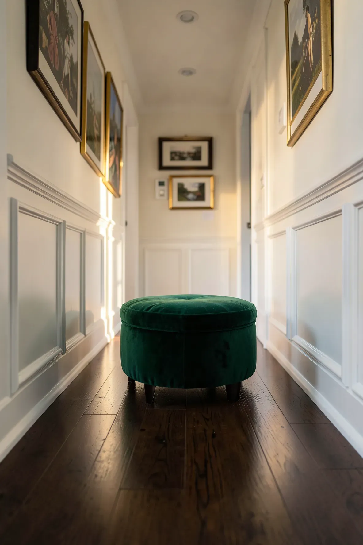 An emerald green velvet ottoman at the end of a narrow hallway with dark wood floors.