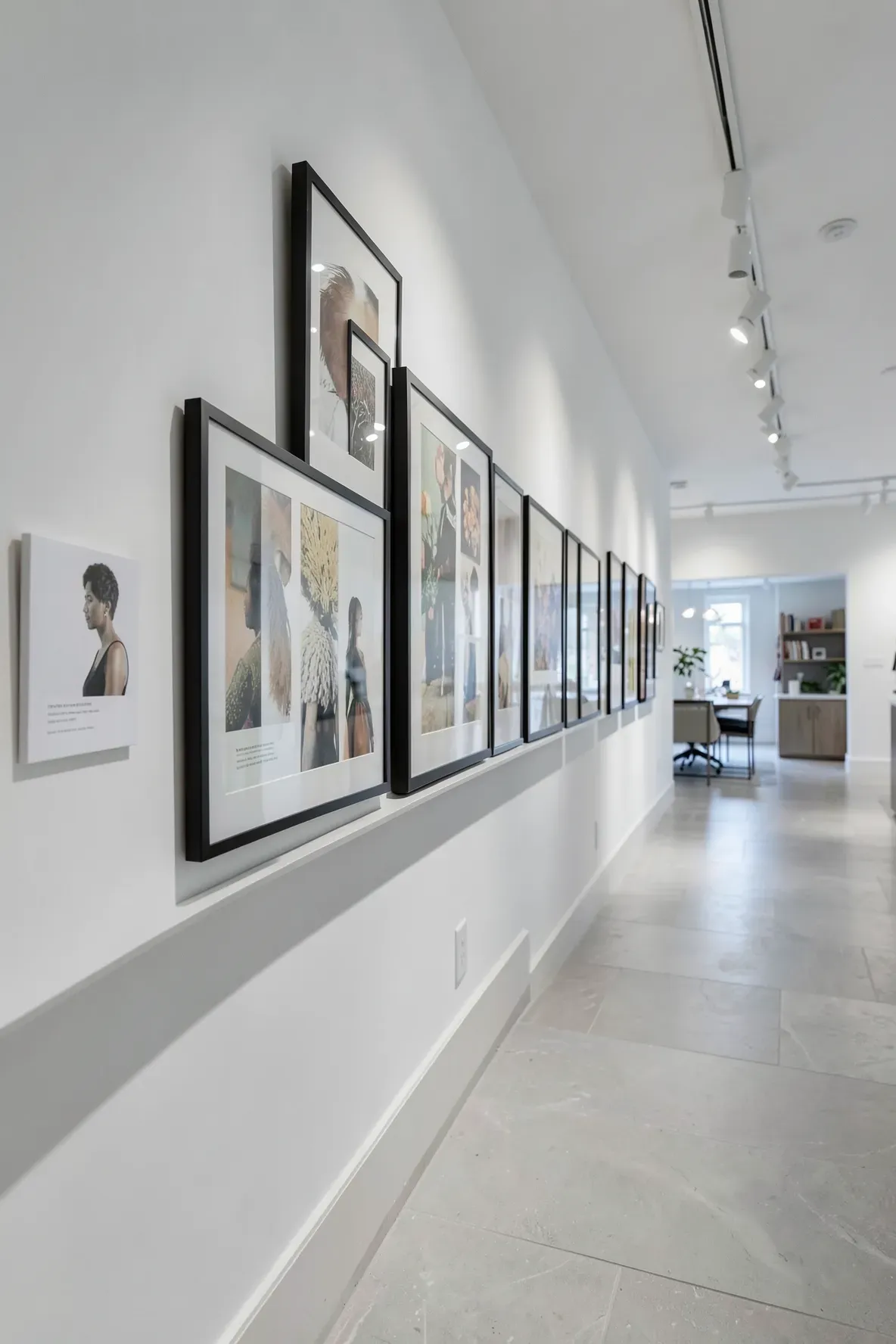 A thin white picture ledge with various framed art pieces on a long hallway wall.