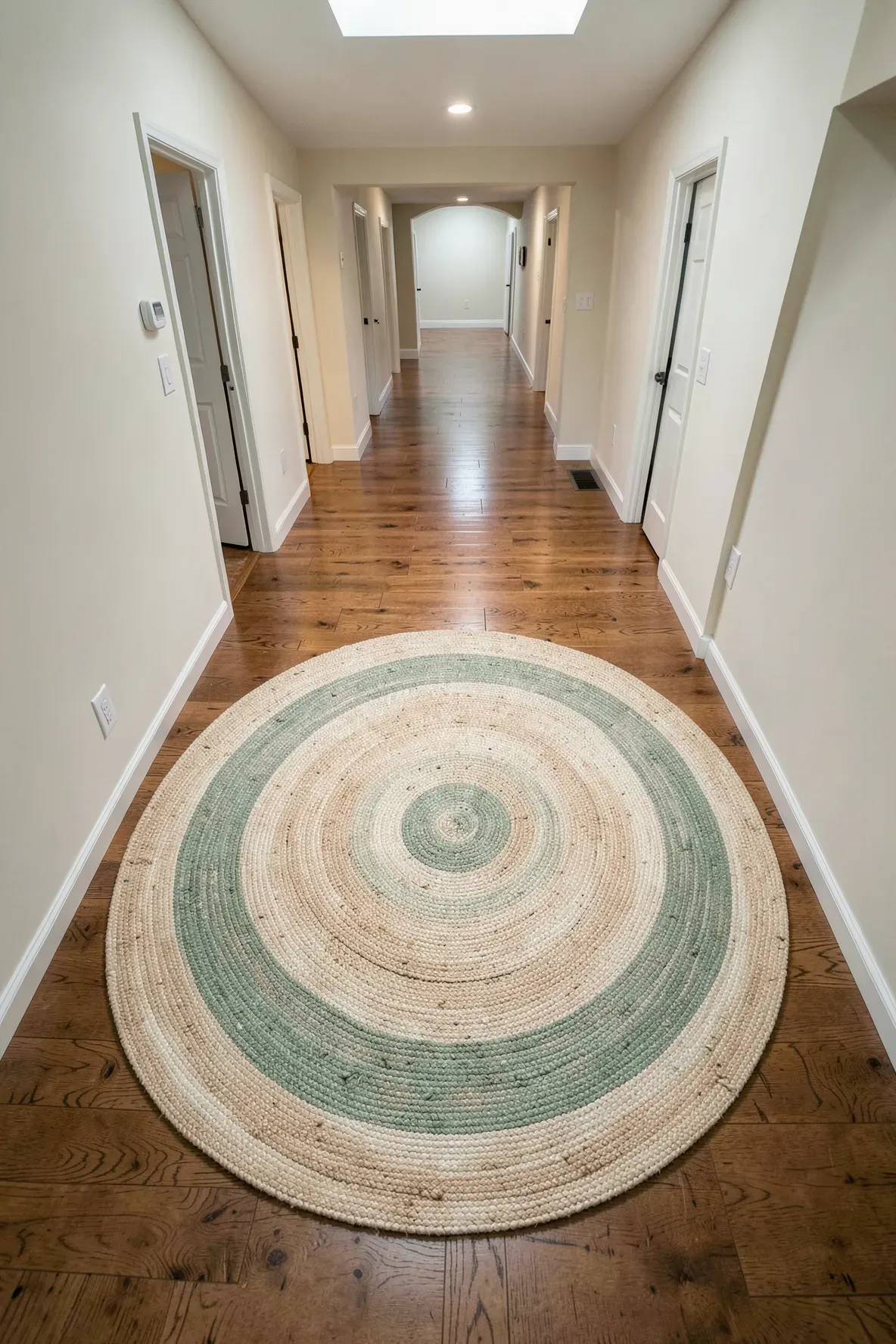 A round jute rug centered in a bright entryway landing with wooden floors.