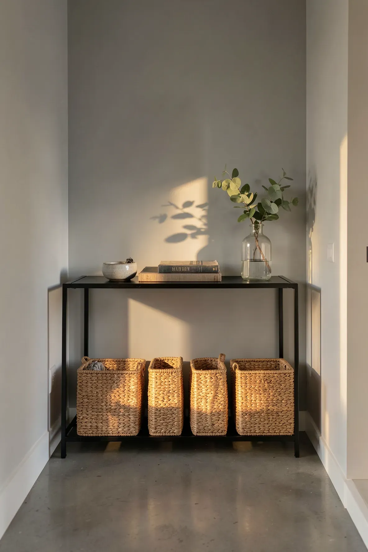 A slim black console table with woven baskets underneath against a grey wall in an entryway.