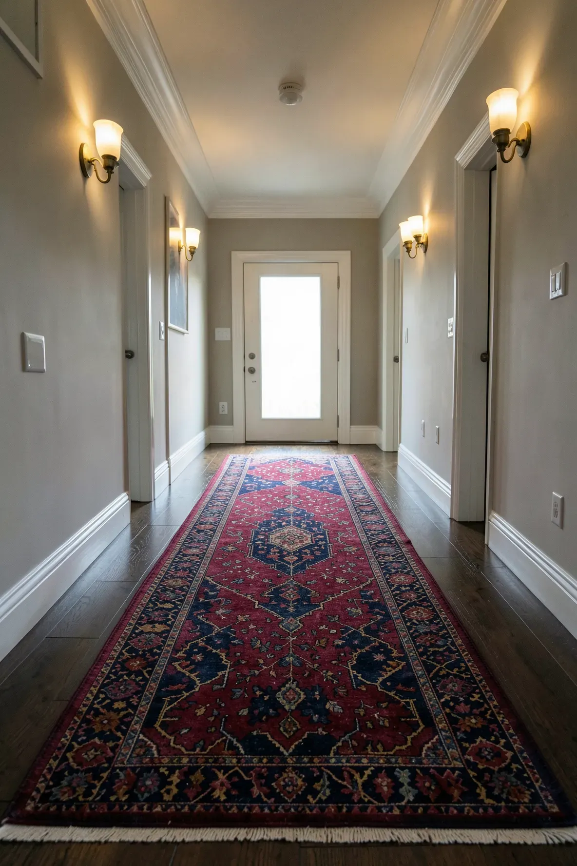 A long patterned red and blue runner rug stretching down a hallway with dark wood floors.