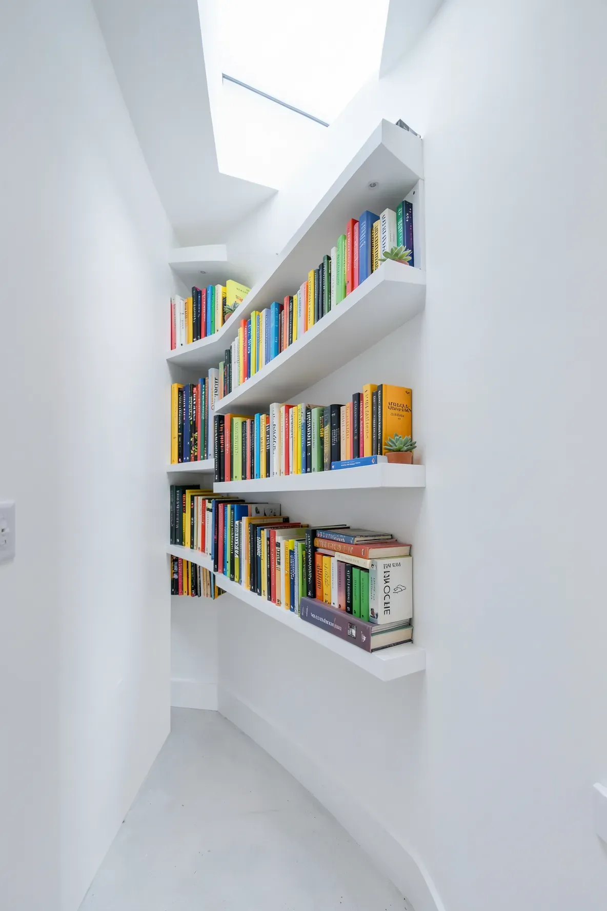 White floating shelves filled with colorful books on a narrow hallway wall.