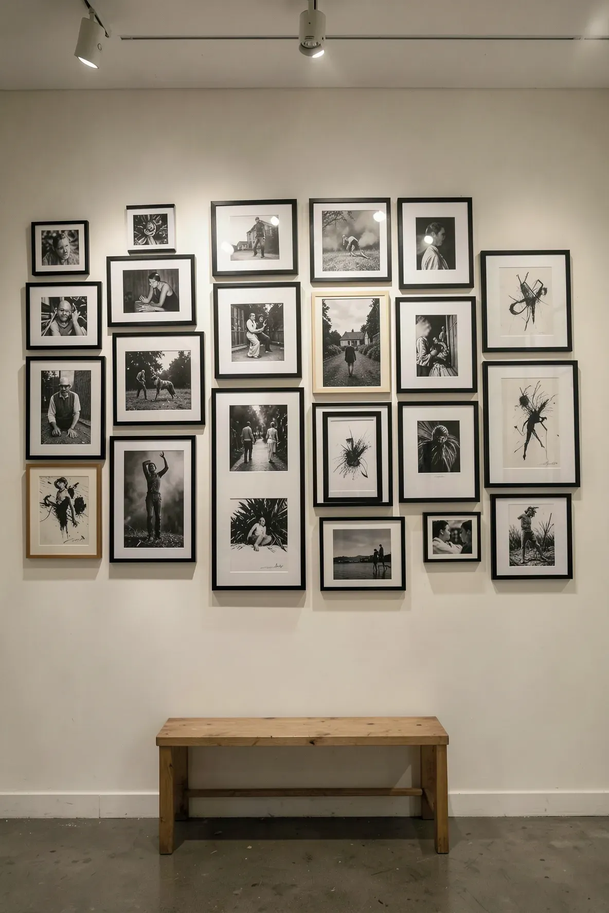 A curated gallery wall of mismatched black and white frames in a long hallway.