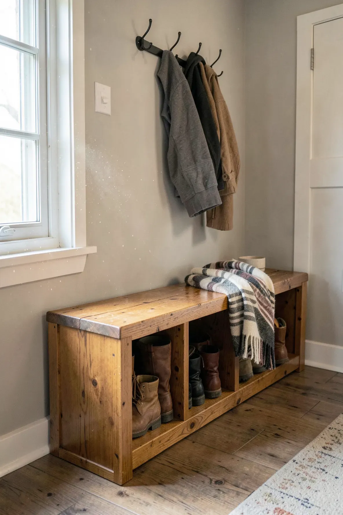A wooden bench with shoe storage cubbies underneath in a well-lit hallway.