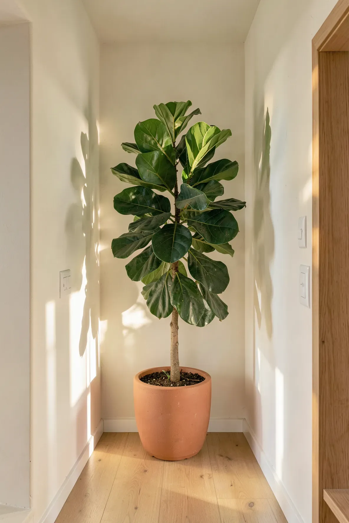 A tall Fiddle Leaf Fig plant in a terracotta pot decorating a bright hallway corner.