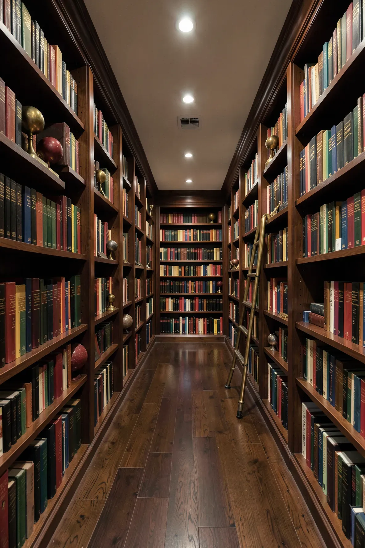 A long hallway lined with floor-to-ceiling wooden bookcases filled with books and a library ladder.