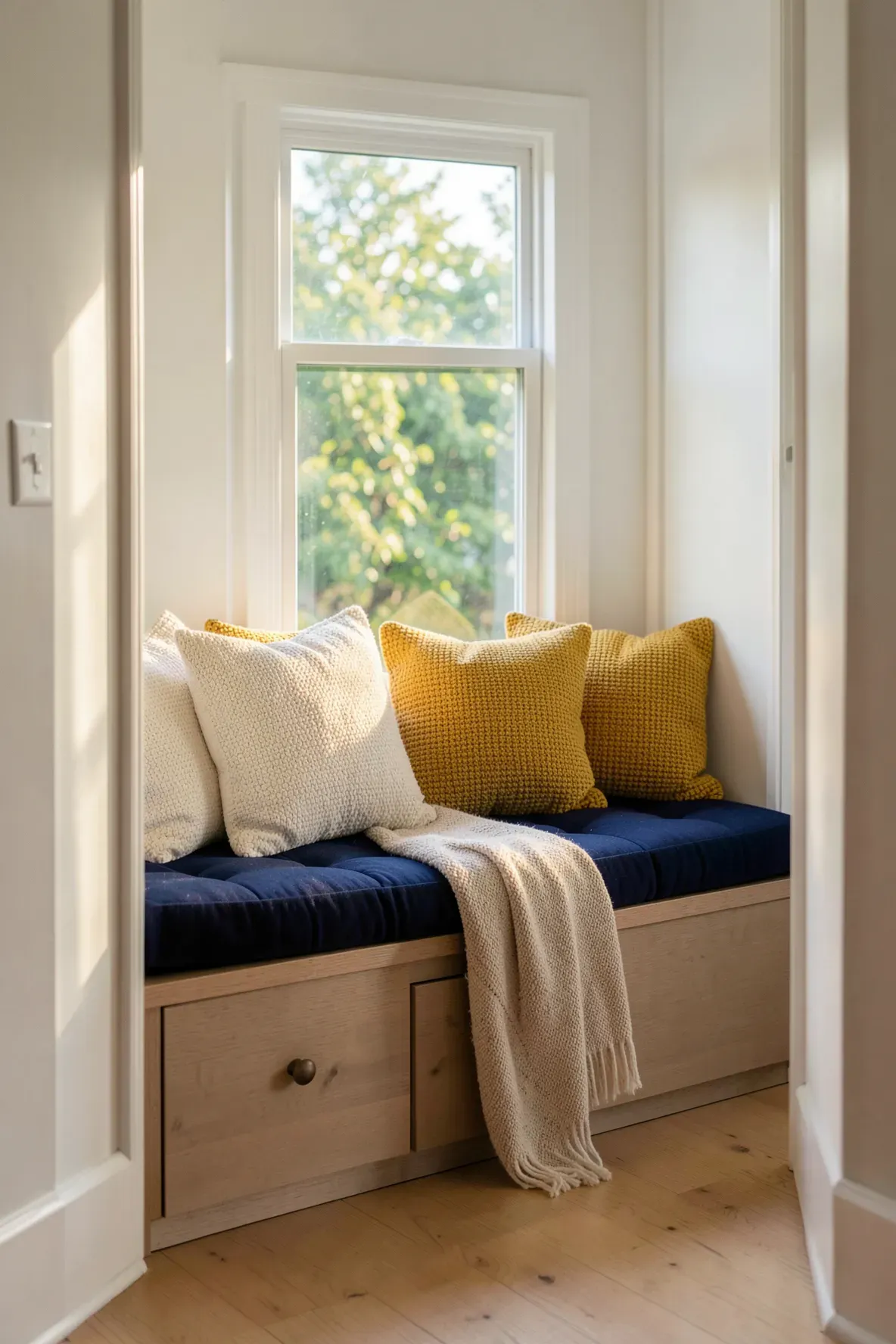 A sunlit hallway window seat with navy blue cushions and colorful throw pillows.