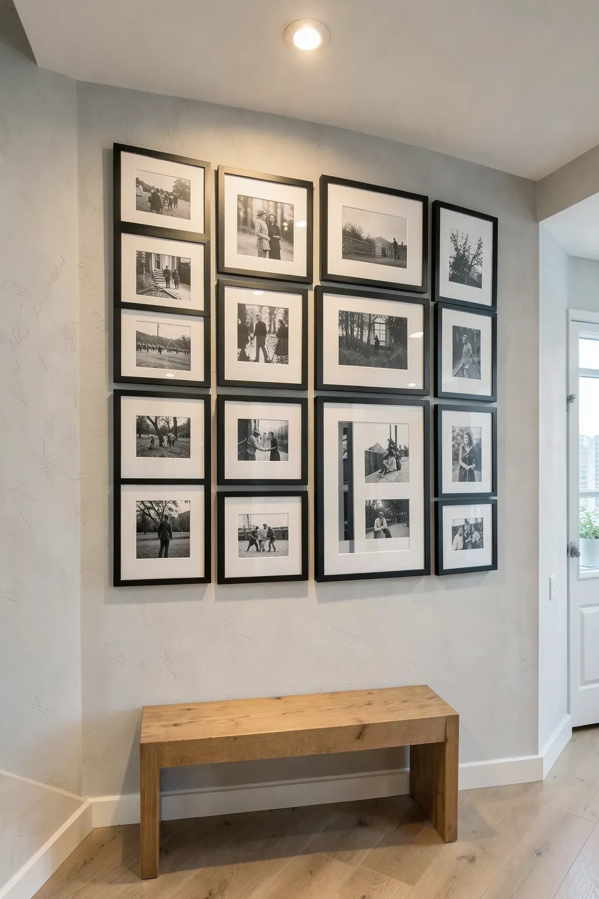 A stylish hallway wall decorated with a symmetrical grid of black framed black-and-white photos.