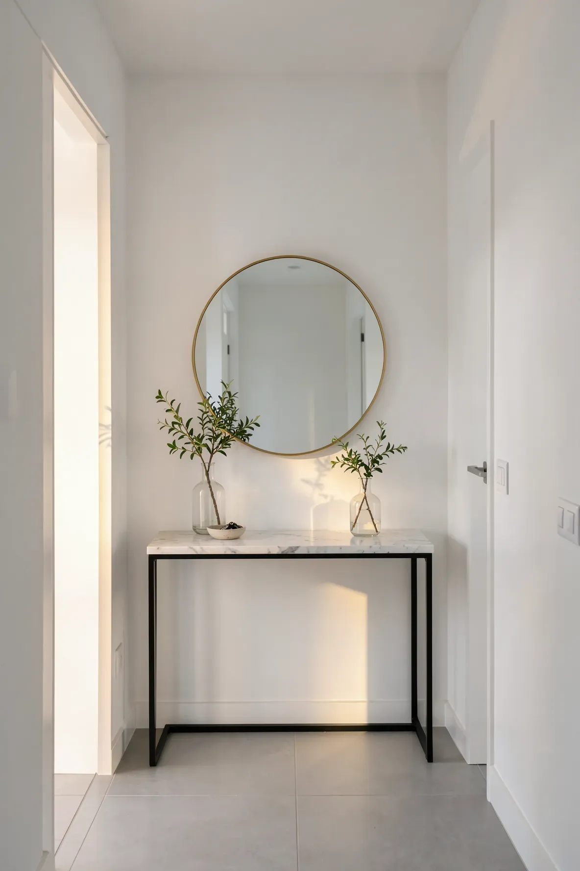 A slim black console table with a large round brass mirror in a bright, narrow hallway.