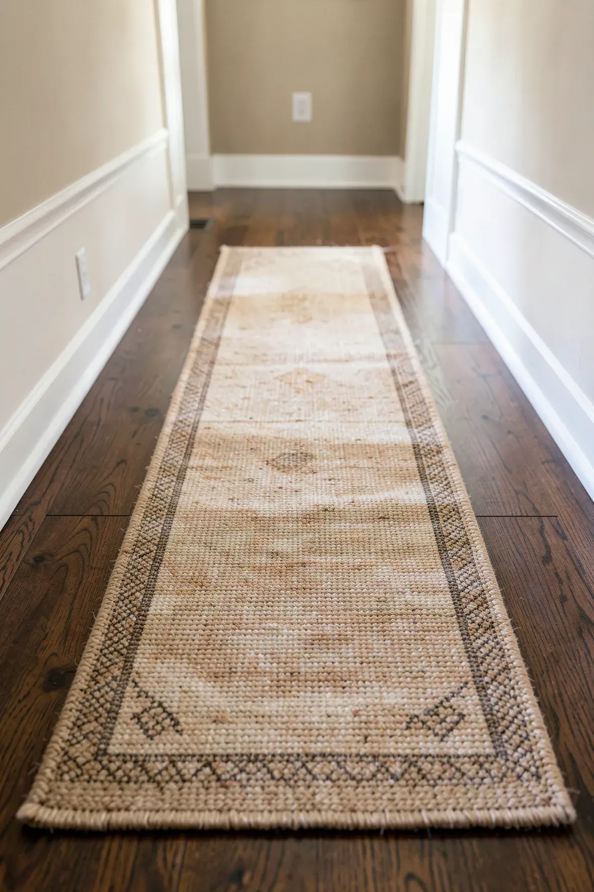 A long natural jute runner rug stretching down a dark wood hallway with beige walls.