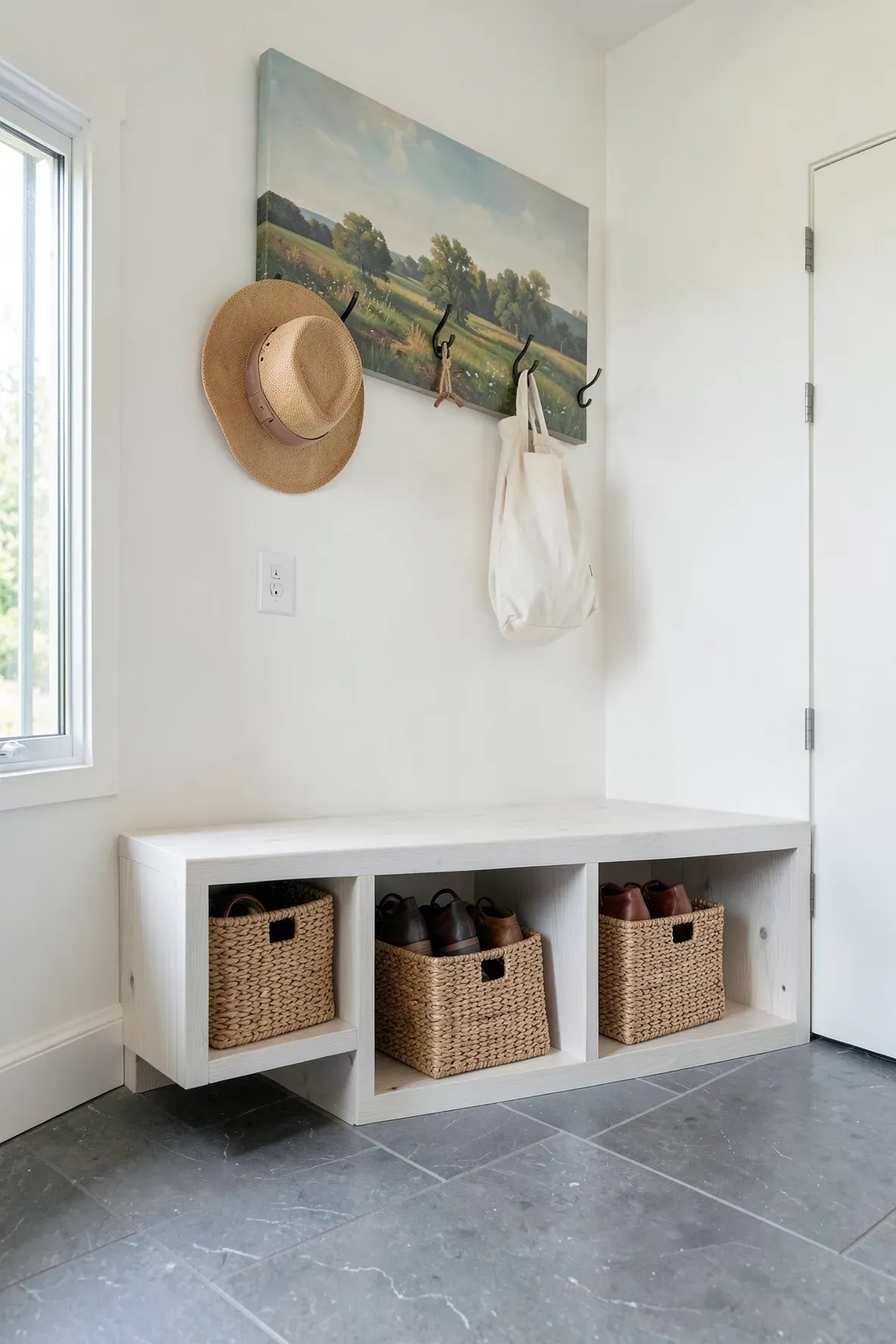 A long wooden bench with shoe storage cubbies in a clean, organized entry hallway.