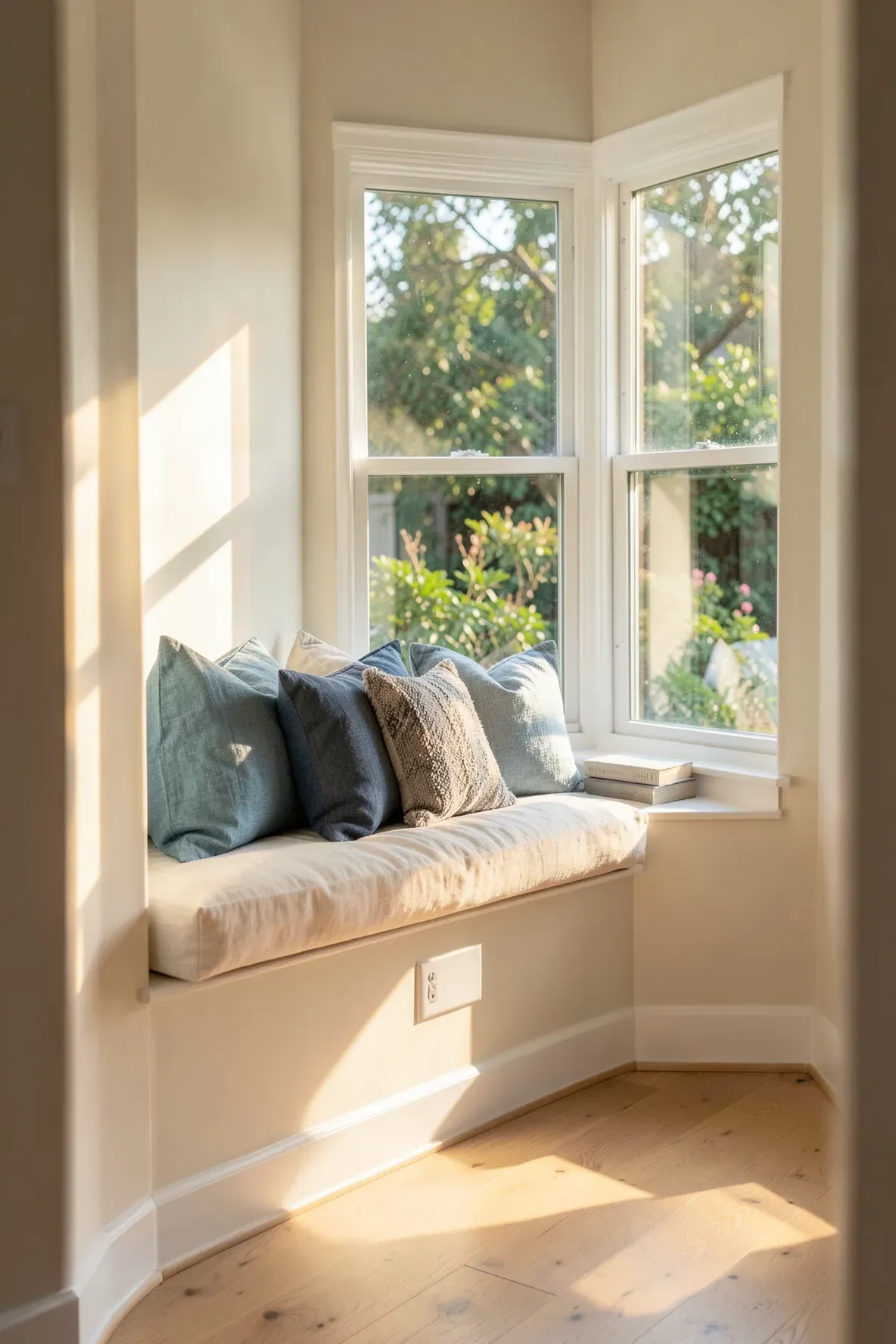 A cozy built-in window seat in a hallway with plush pillows and sunlight streaming in.
