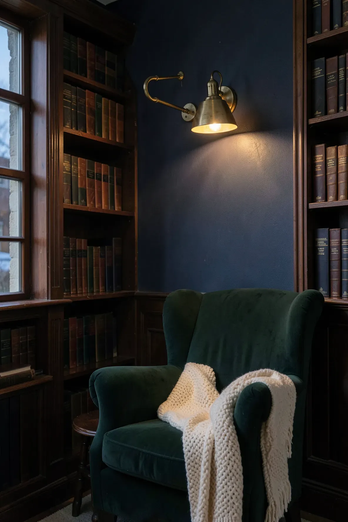 An antique brass swing arm lamp mounted on a navy wall above a green velvet reading chair.