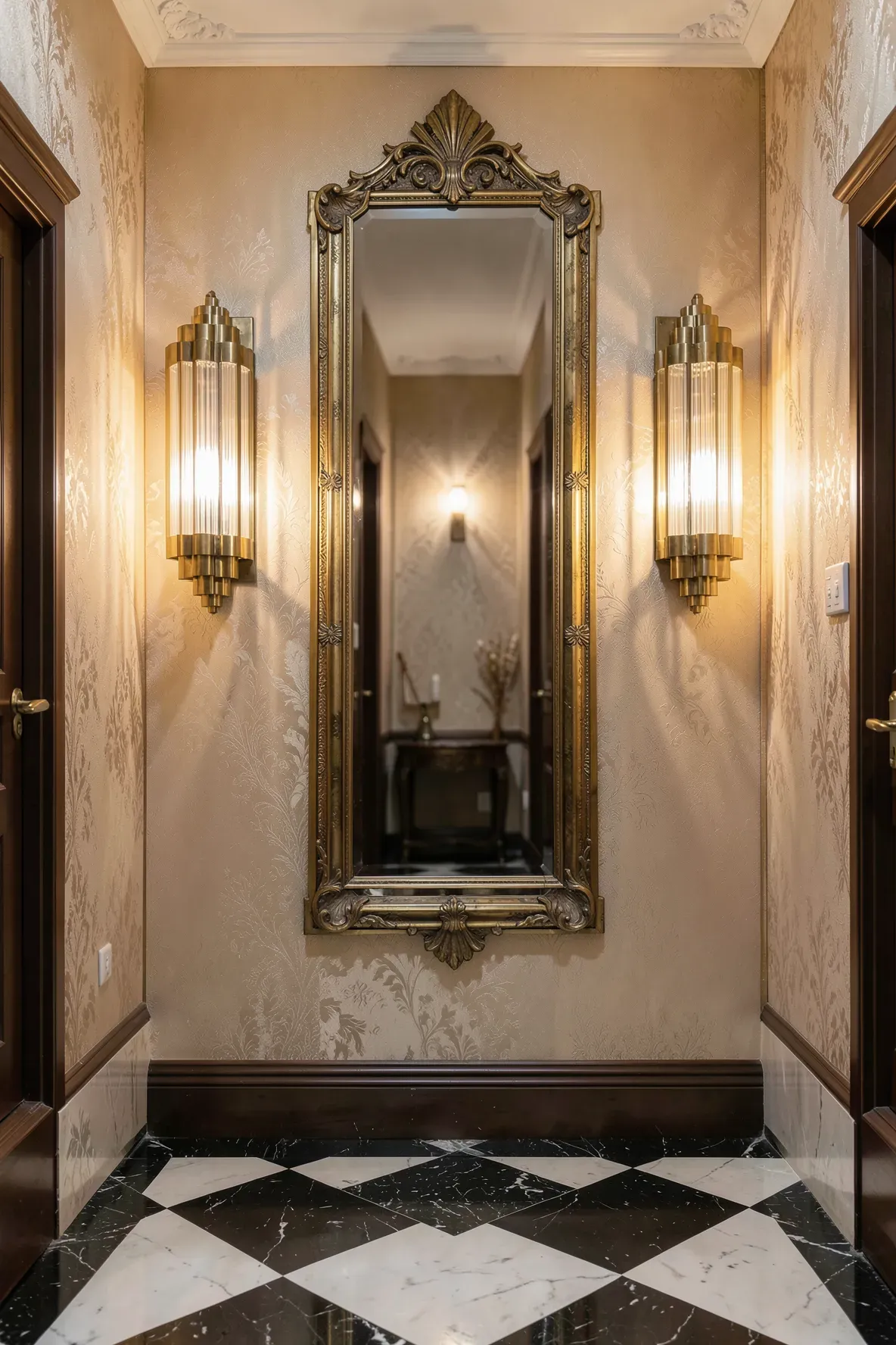 Symmetrical Art Deco brass wall lights with fluted glass flanking a mirror in a luxury hallway.