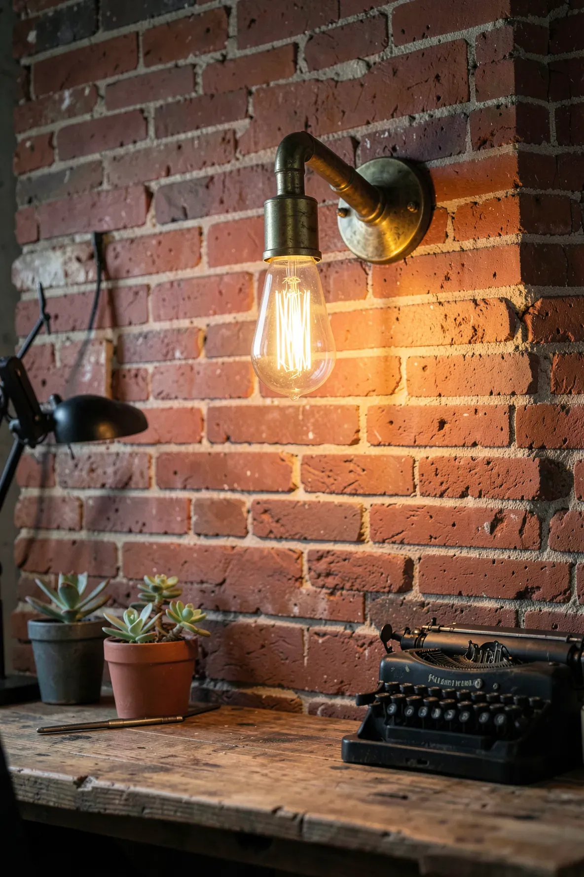 Industrial brass wall lamp with an exposed Edison bulb on a rustic red brick wall.