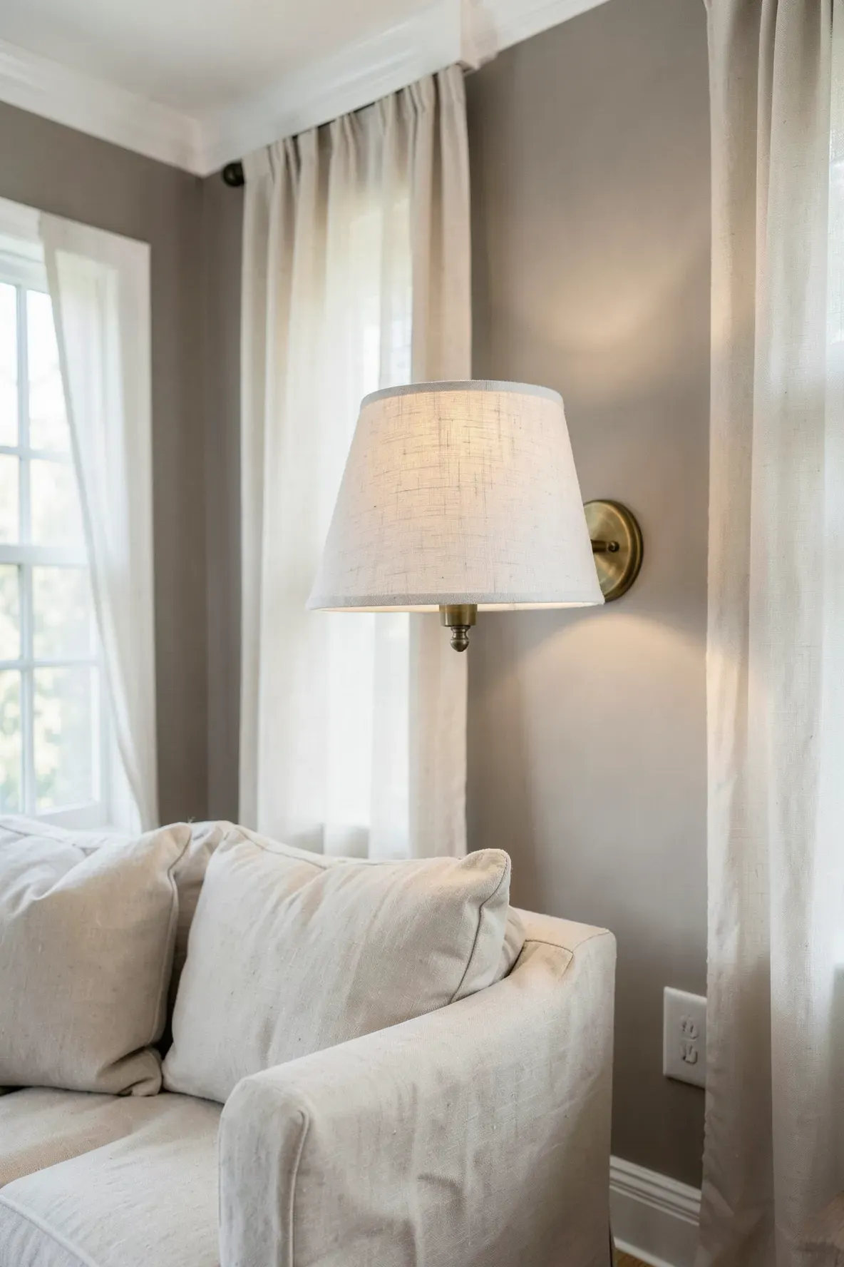 A classic antique brass wall sconce with a white linen shade in a bright, neutral living room.