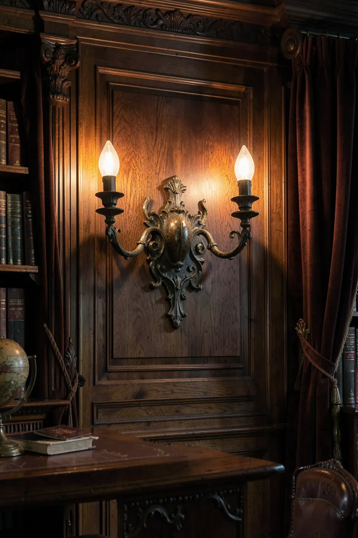 A large double-arm antique brass sconce with a dark patina on a walnut-paneled library wall.
