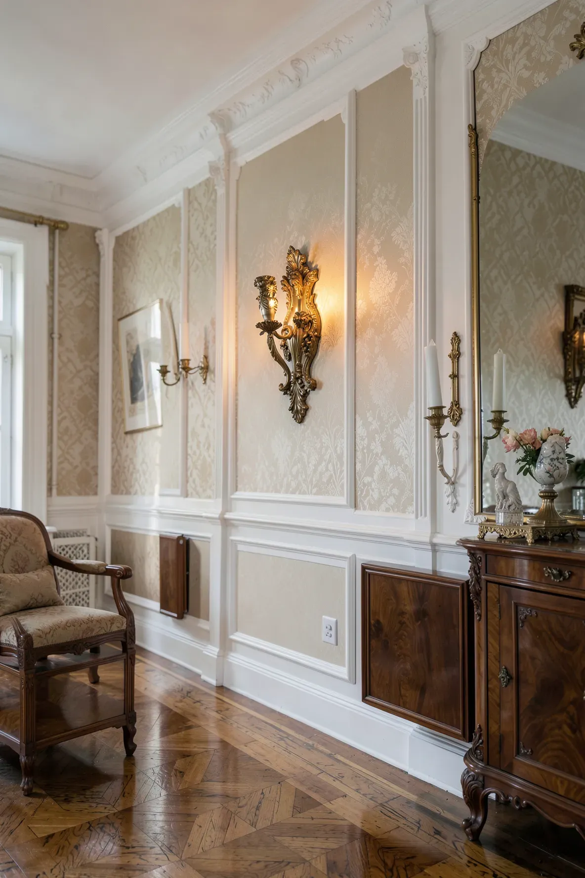 An ornate antique brass wall sconce with floral carvings mounted on a wall with crown molding.