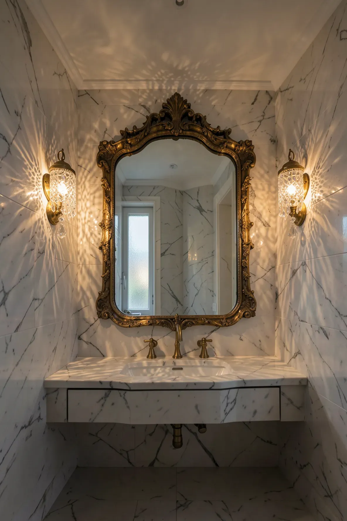 Luxury antique brass wall lights with crystal drops in a marble bathroom.