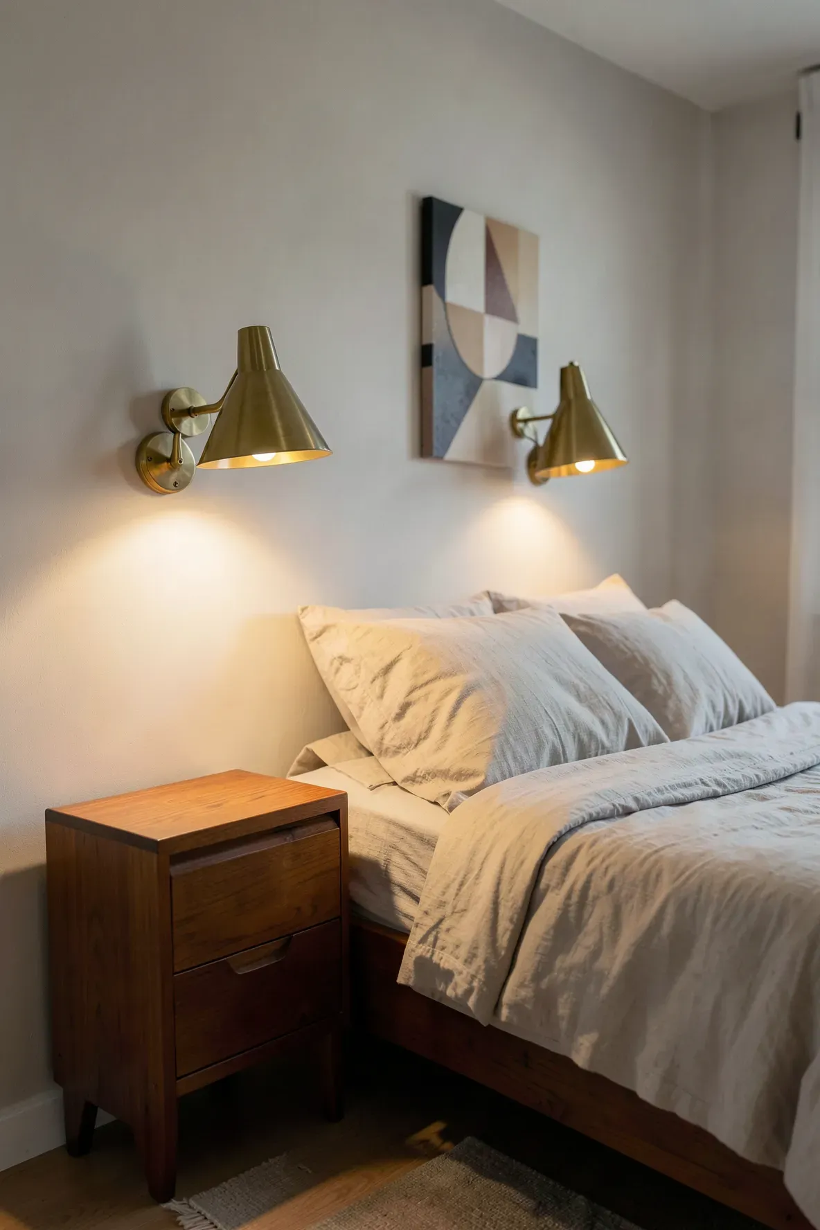 A mid-century modern brass cone lamp providing focused light in a wooden bedroom.