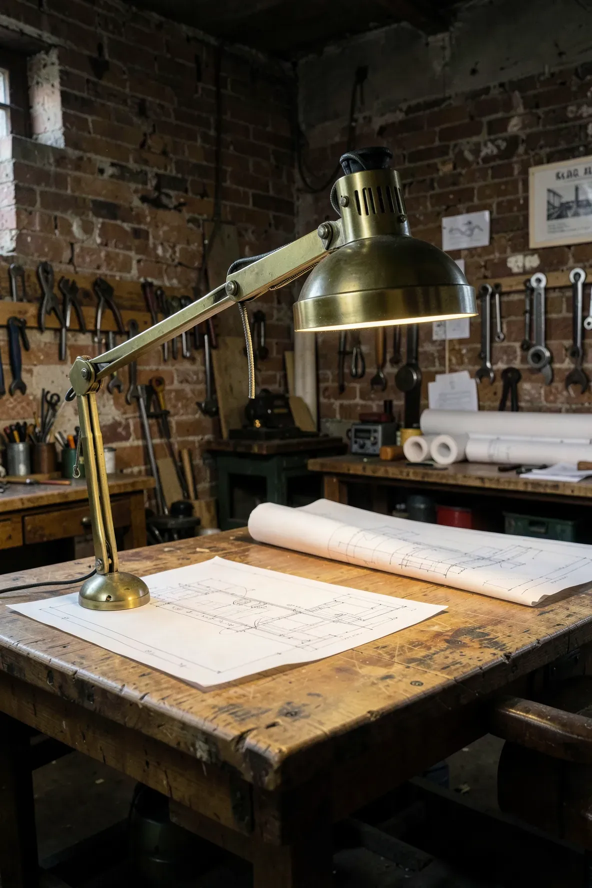 A heavy cast brass swing arm light in an industrial workshop with brick walls.