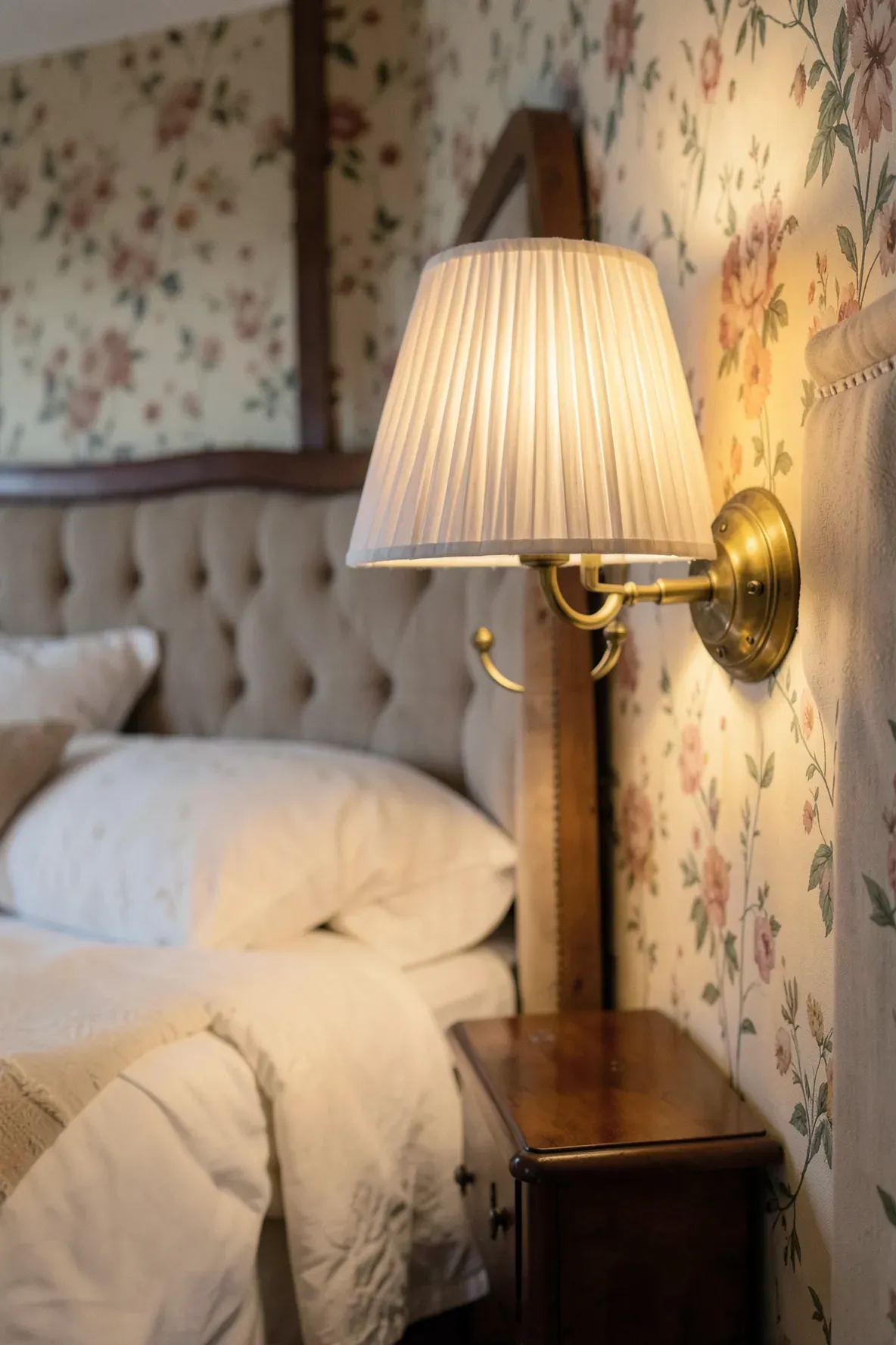 A classic antique brass wall lamp with a cream pleated fabric shade in a cozy bedroom.