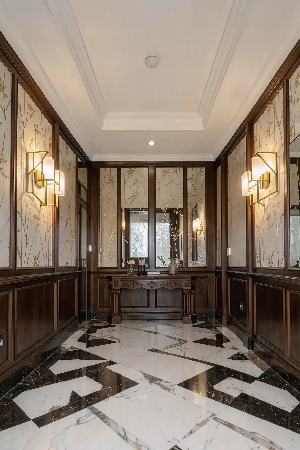 Two geometric antique brass wall lights with frosted glass panels in a luxury Art Deco foyer.