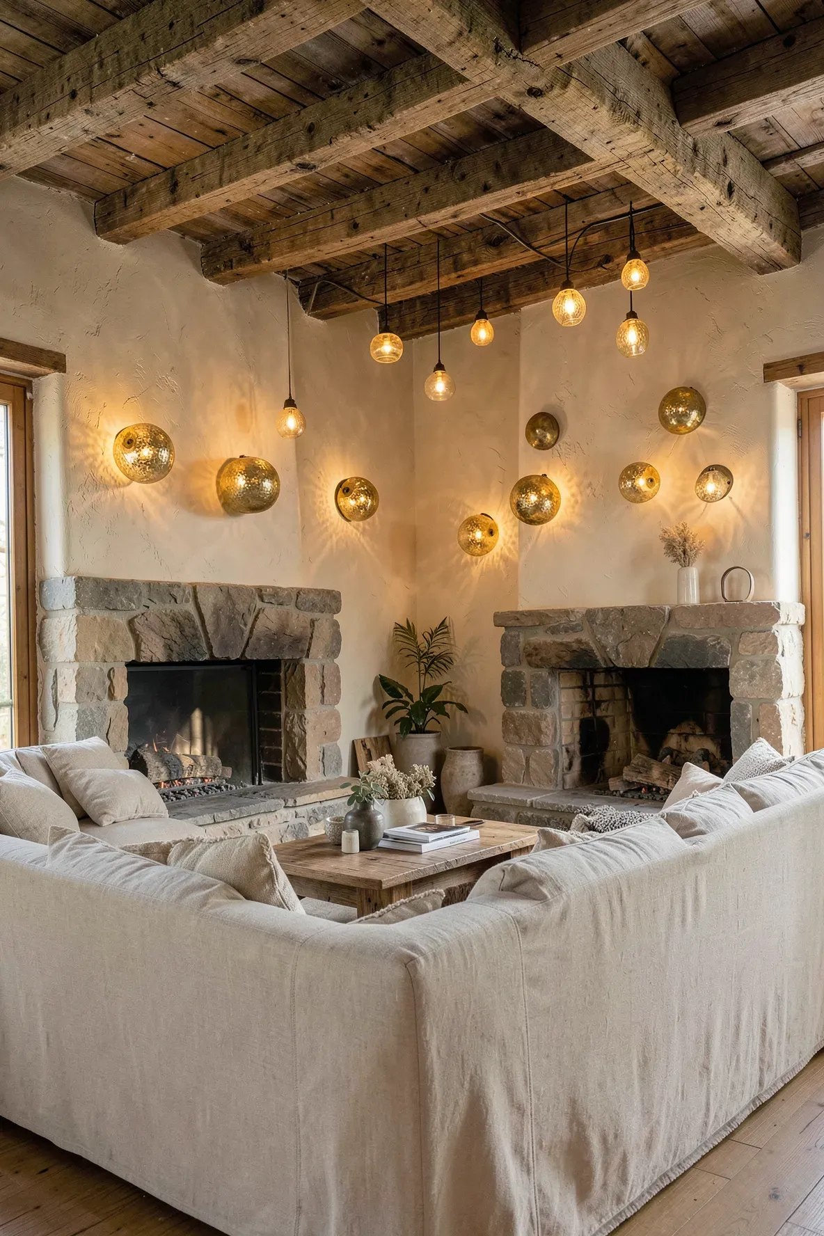 Hand-hammered antique brass wall lights mounted on a stone wall in a rustic, cozy living room.