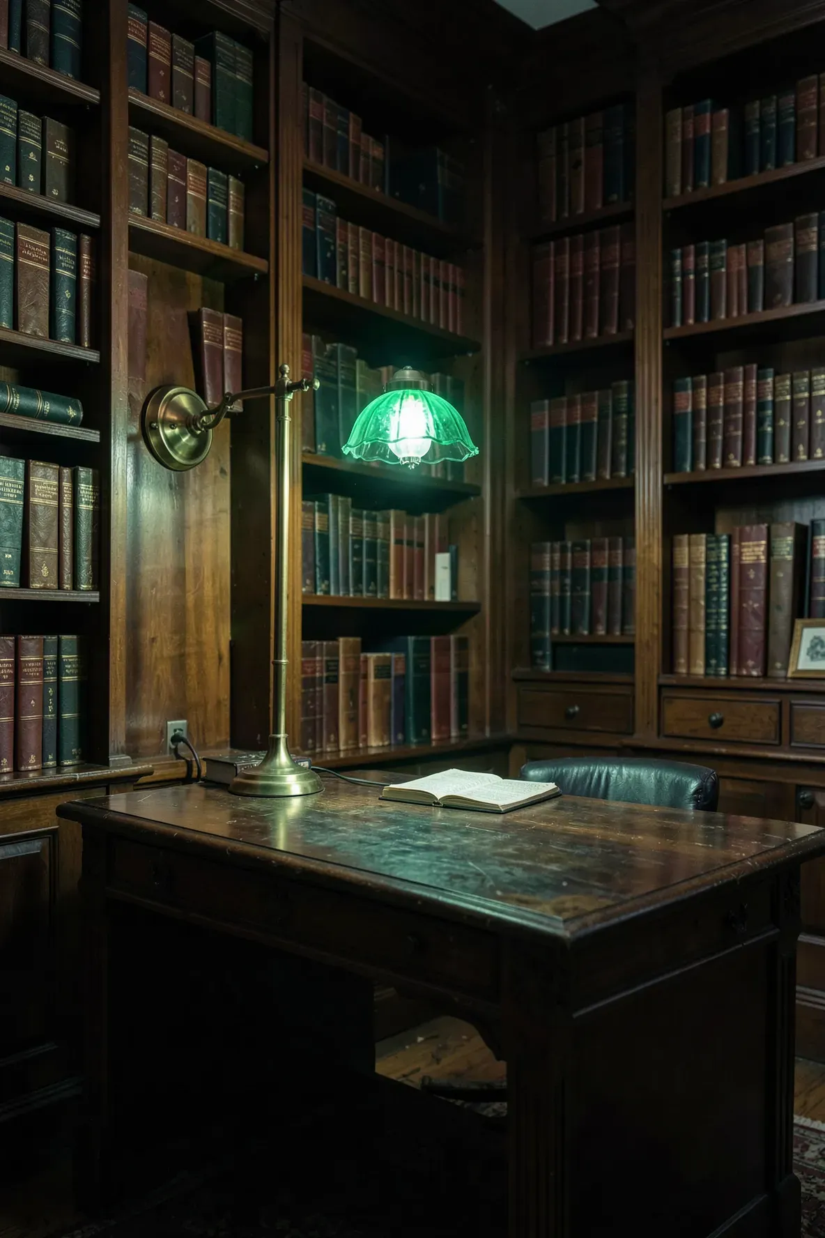 A vintage brass wall lamp with a green glass shade in a dark wood home library.