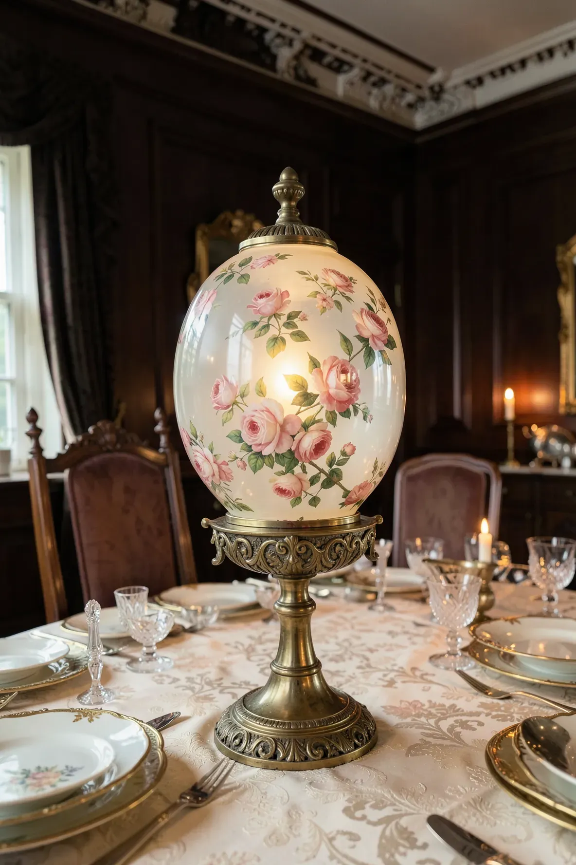 An ornate Victorian brass banquet lamp with a hand-painted floral glass globe on a formal dining table.