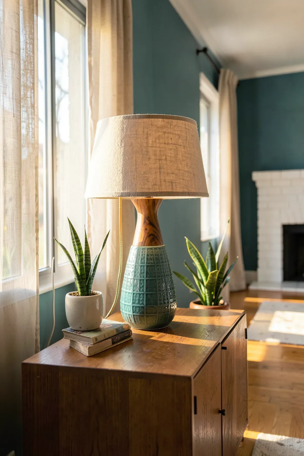 A Mid-Century Modern teak and teal ceramic table lamp with a linen shade in a sunlit living room.