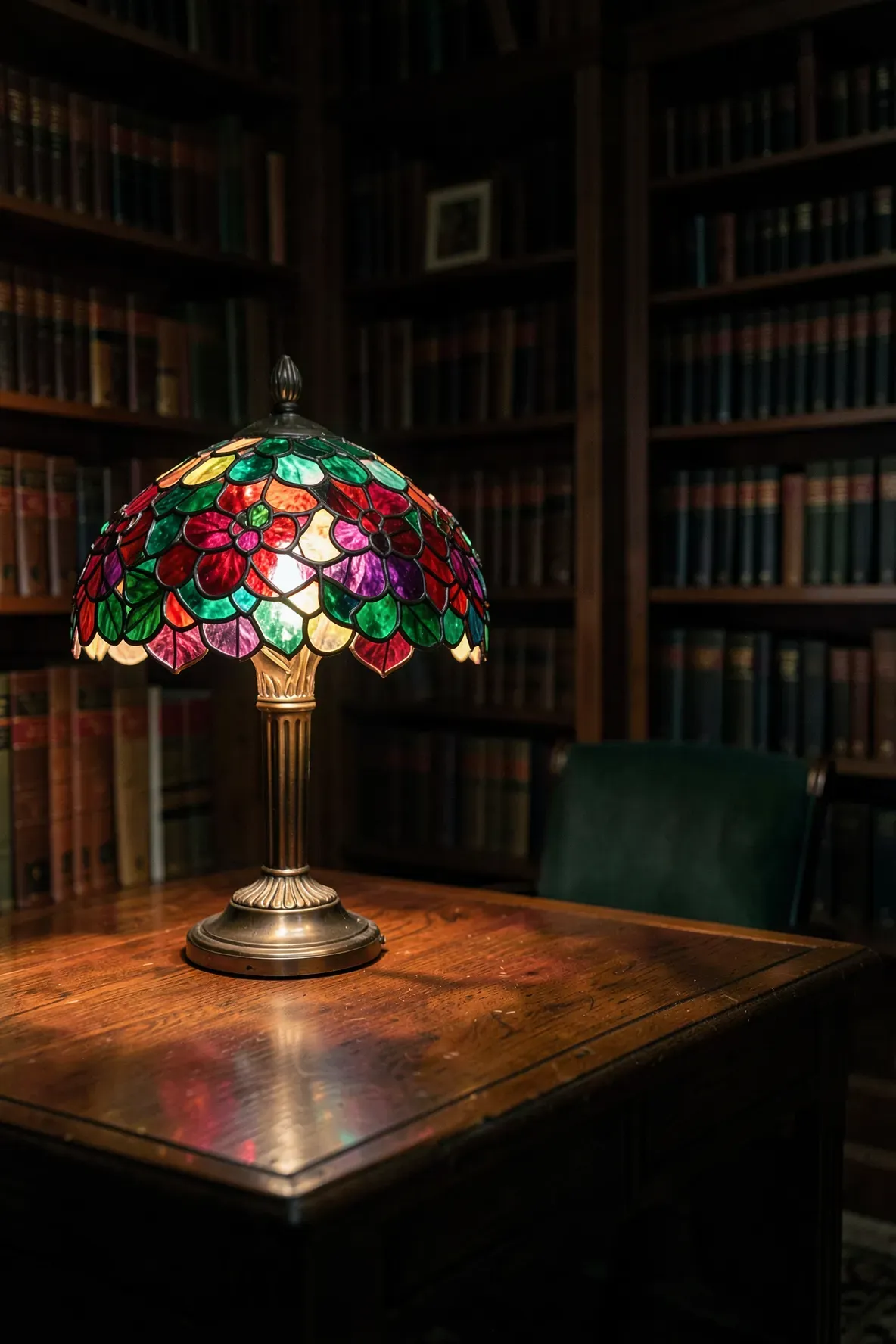 A vibrant Tiffany-style peony stained glass lamp glowing on a dark wooden desk in a library.