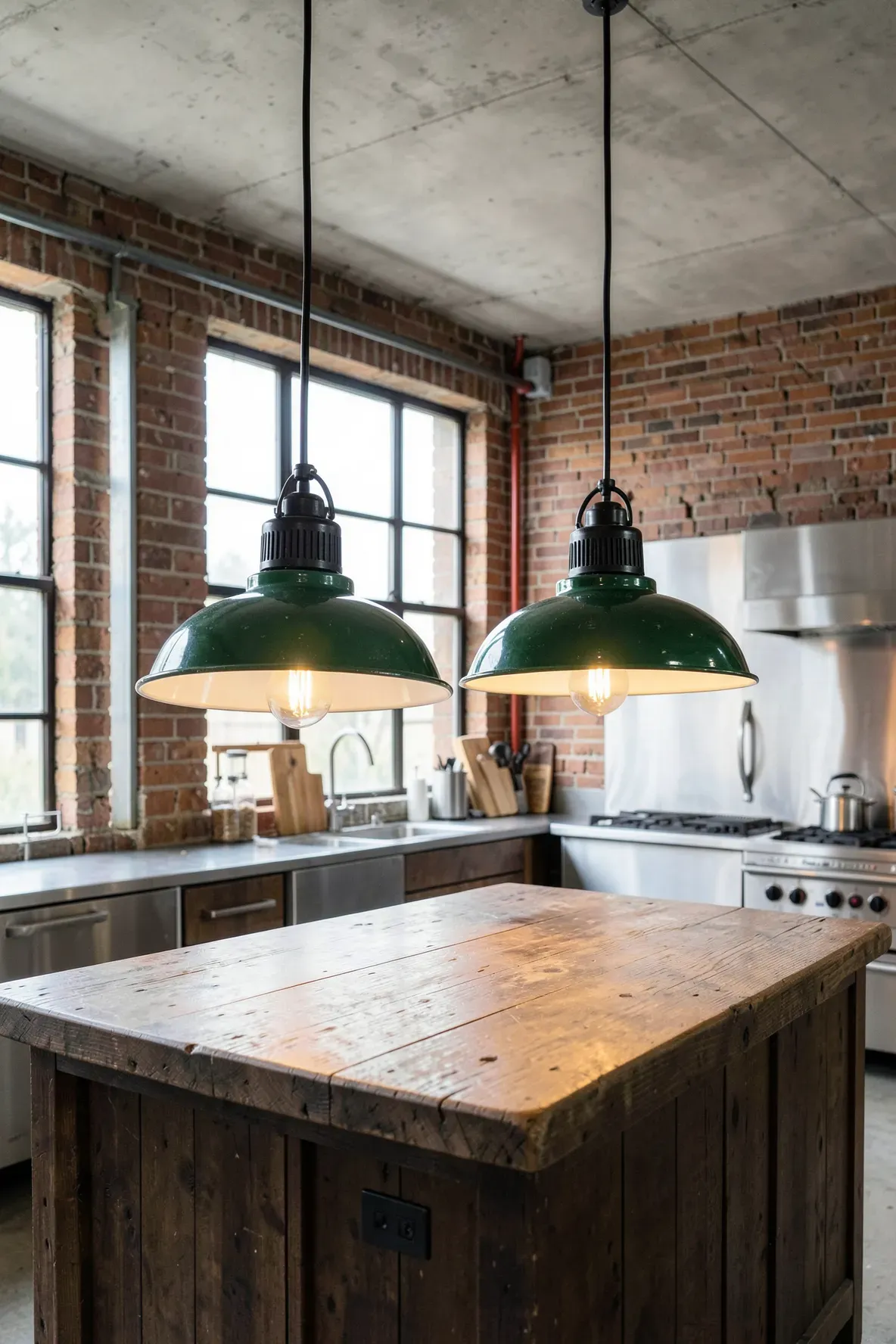 Two vintage green enamel industrial pendant lights hanging over a wooden island in a brick loft kitchen.