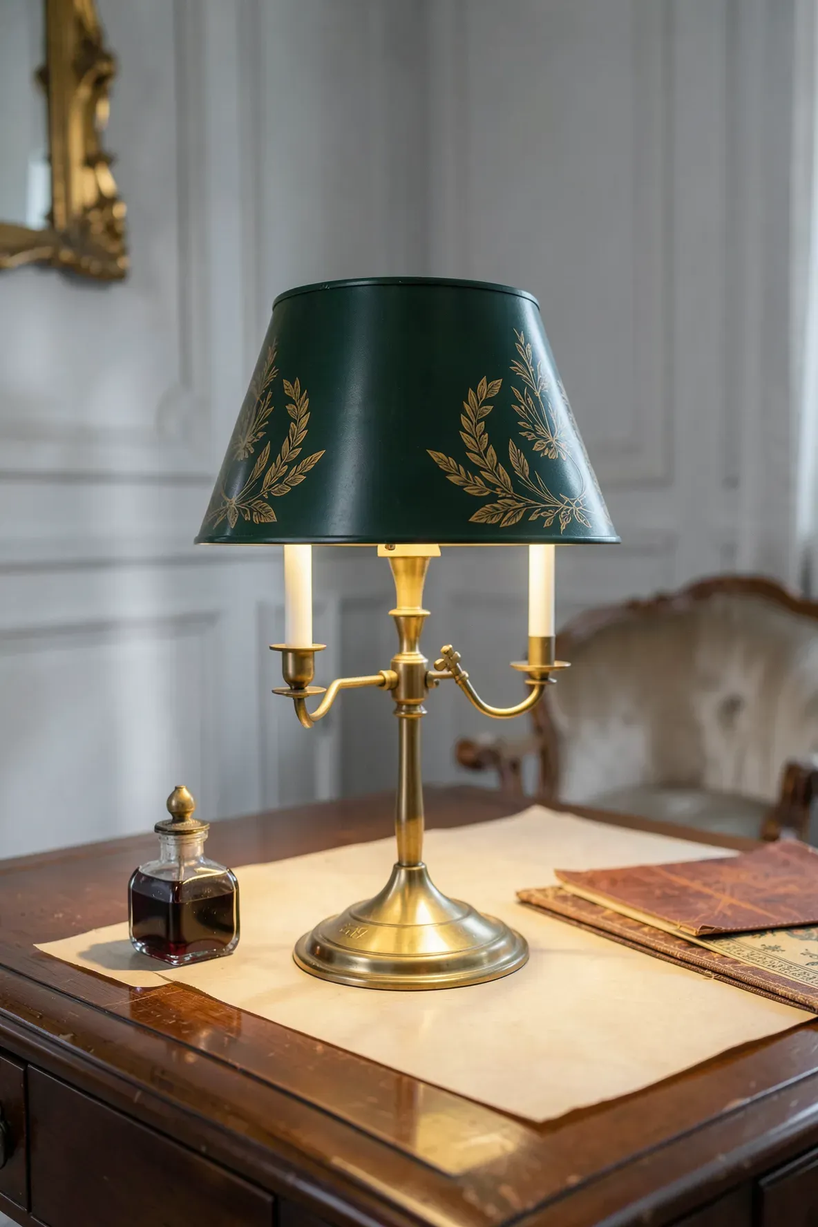 A French Bouillotte lamp with three candle arms and a green metal shade on a leather-topped desk.