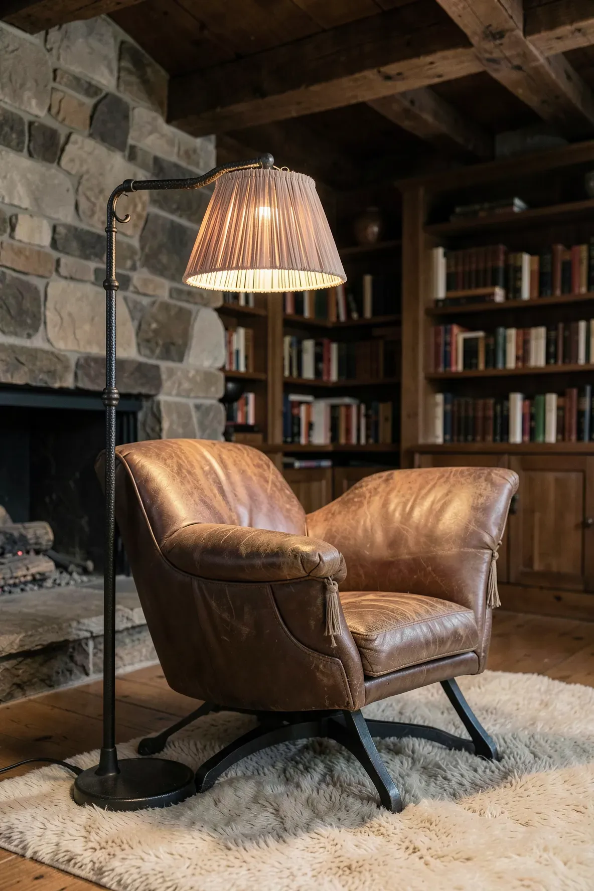An antique wrought iron floor lamp with a bridge arm illuminating a leather chair in a reading nook.