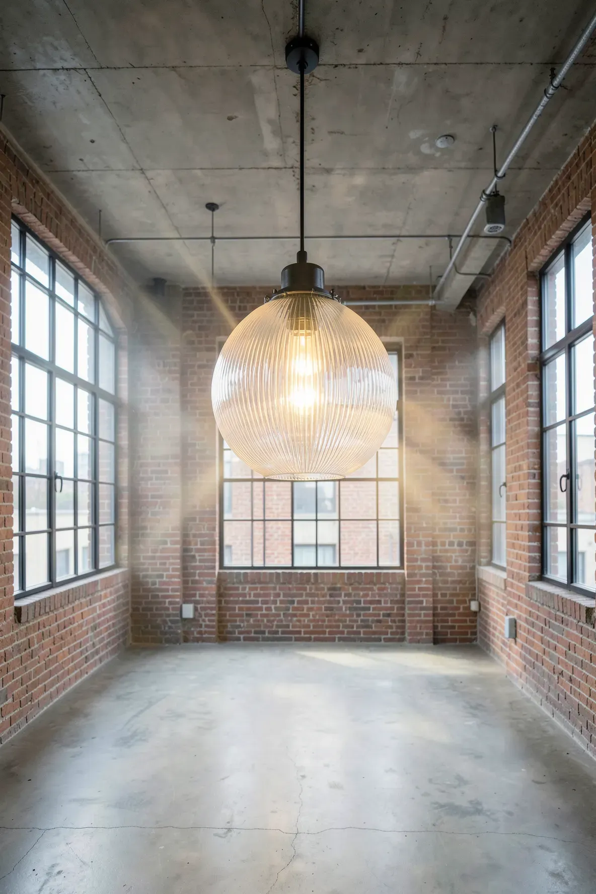 A ribbed Holophane glass pendant light hanging in a modern industrial loft with brick walls.
