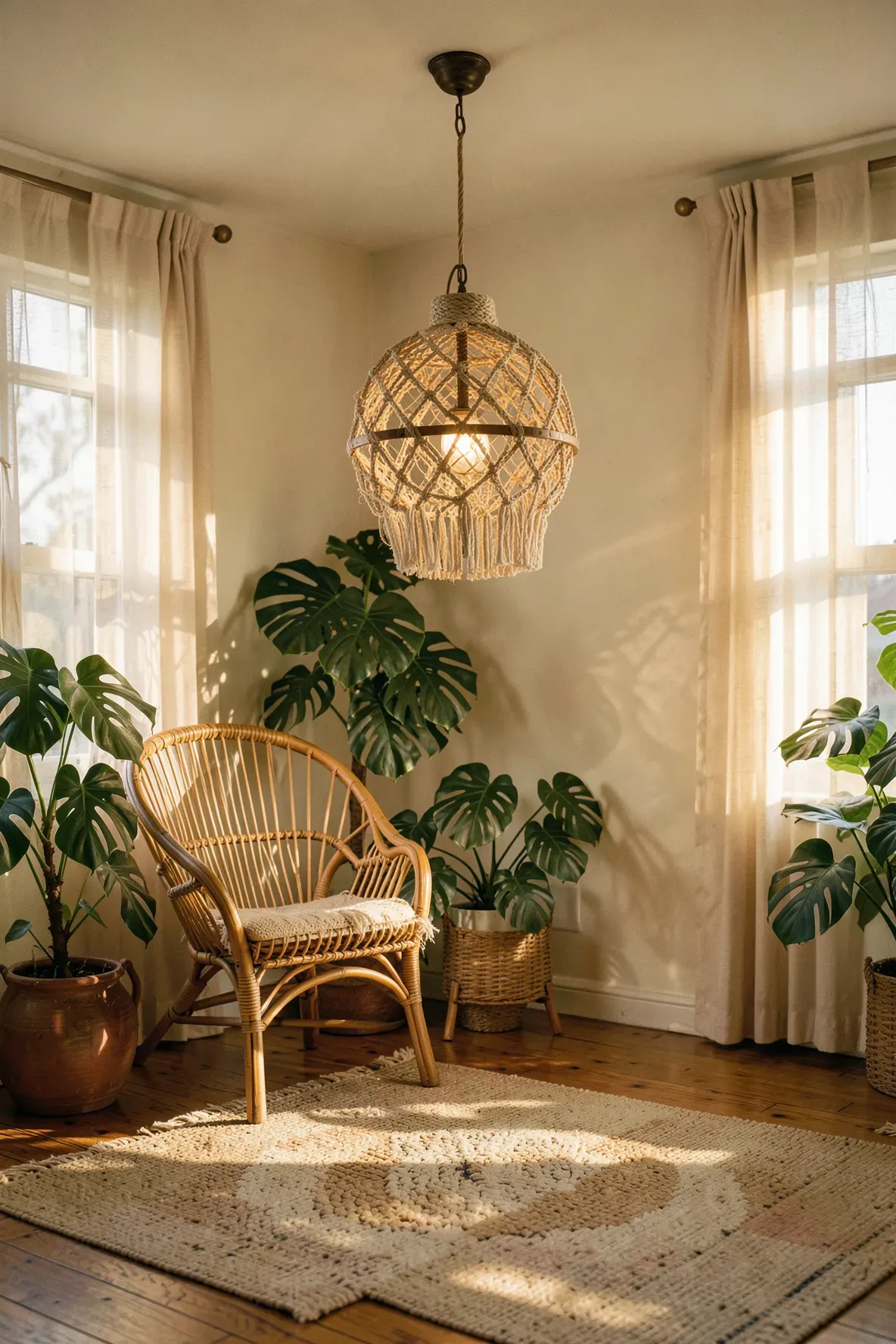 A vintage globe lamp with macramé rope accents hanging in a sunlit bohemian living room.