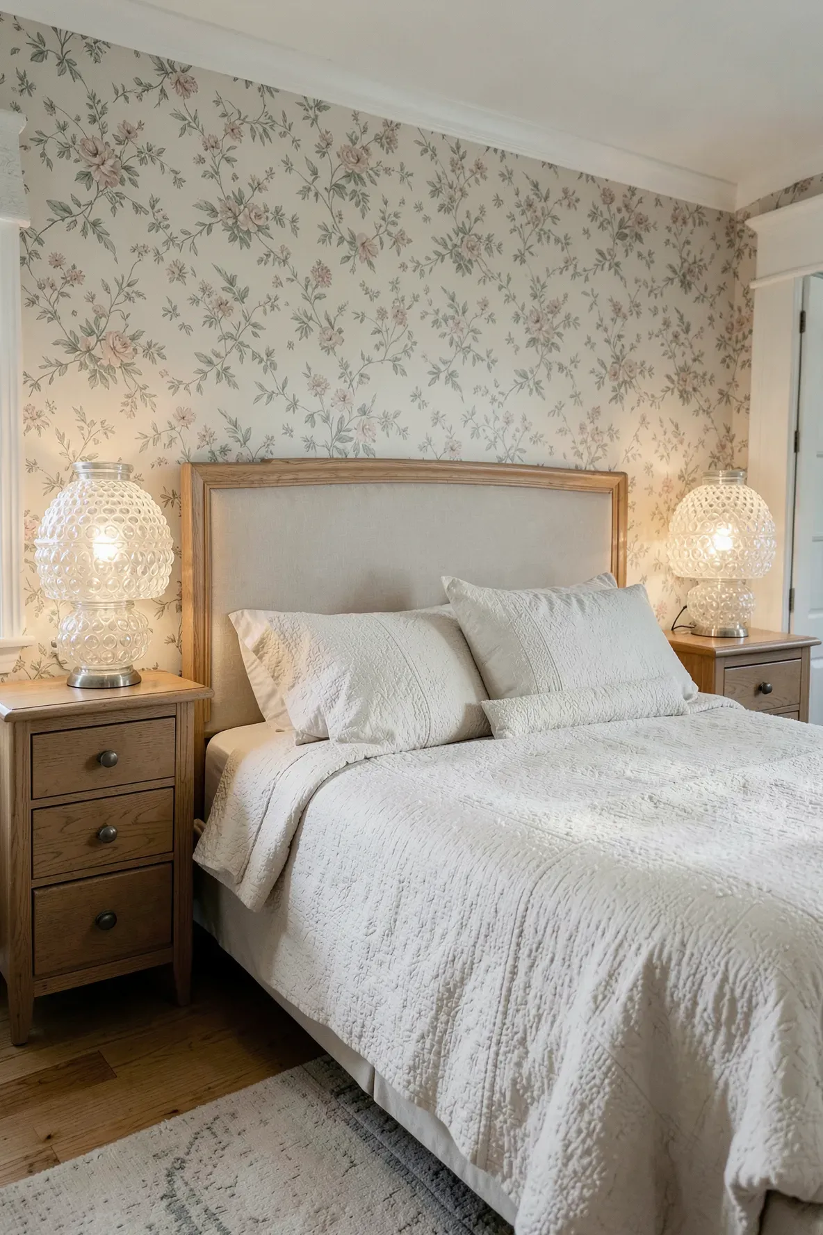 Two white hobnail milk glass hurricane lamps glowing softly on nightstands in a cozy bedroom.