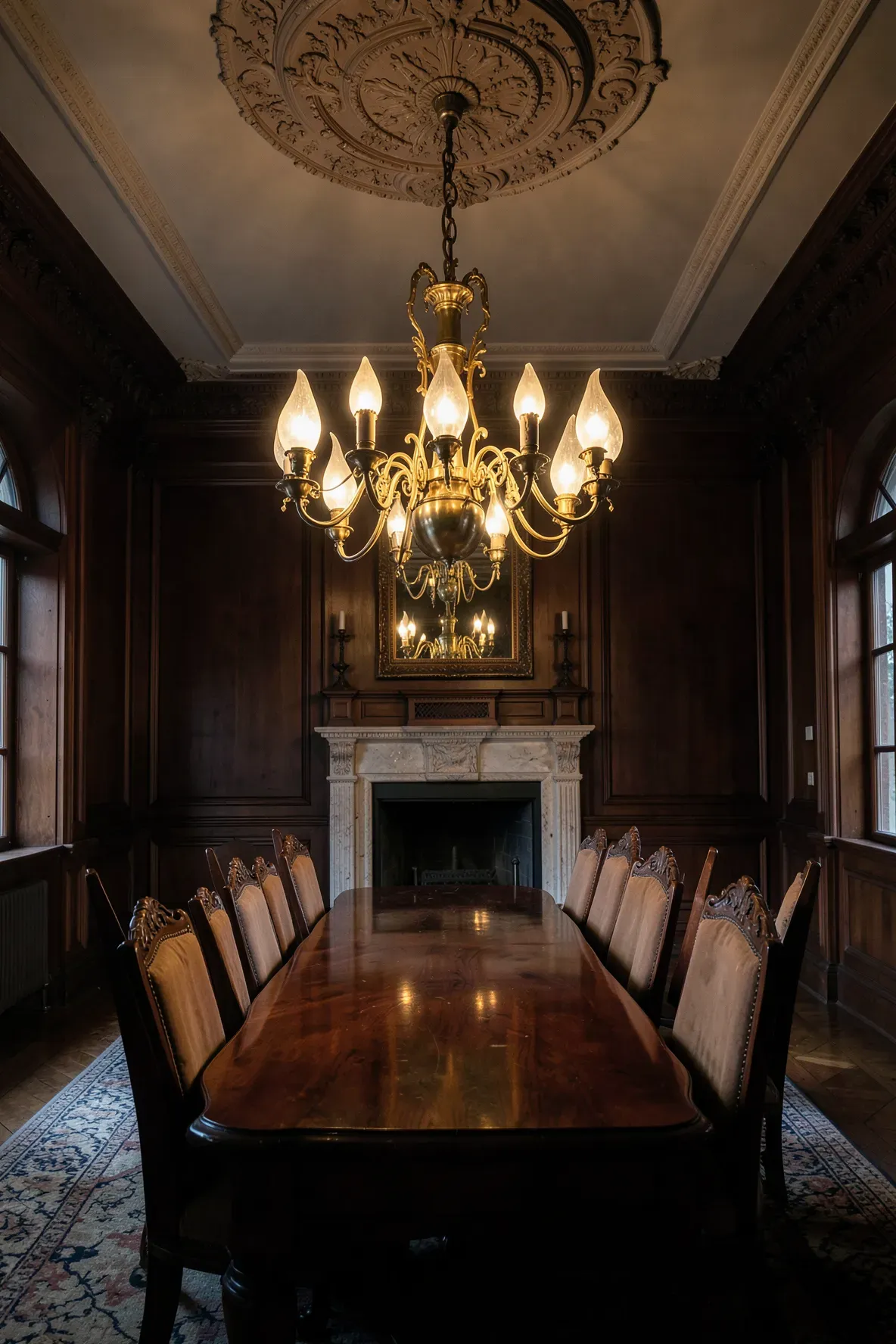 A large antique brass gasolier chandelier hanging in a formal Victorian-style dining room.