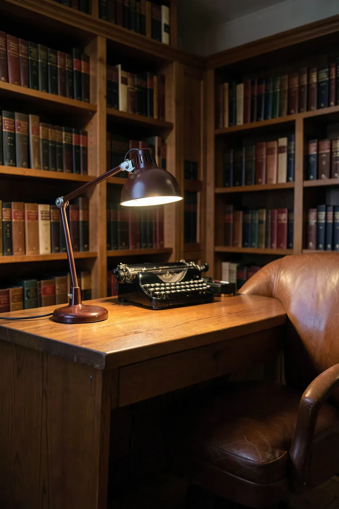 A vintage brown Bakelite gooseneck lamp on a wooden desk in a classic home office.