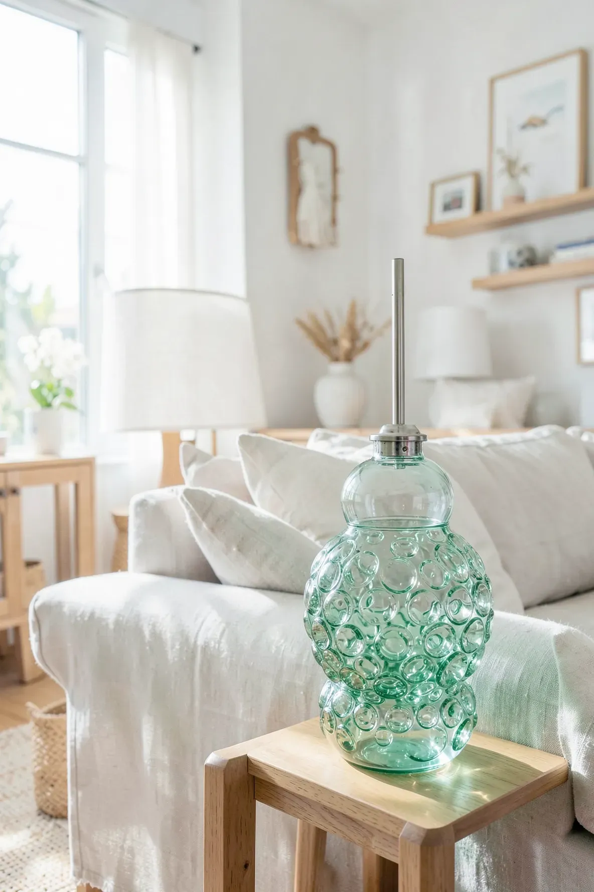 A seafoam green glass lamp with internal bubble effects in a bright, coastal living room.
