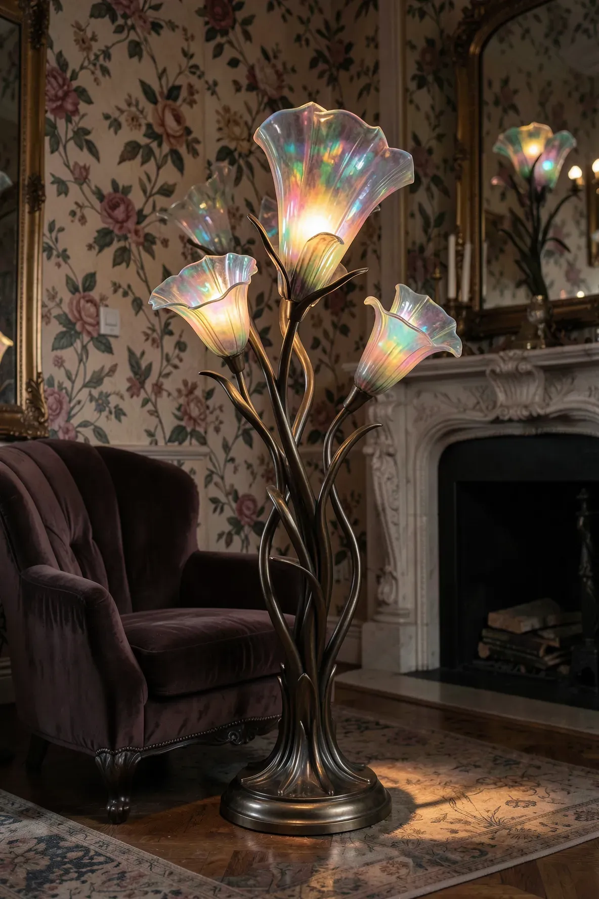 An Art Nouveau bronze lamp with lily-shaped glass shades in a vintage-style parlor.